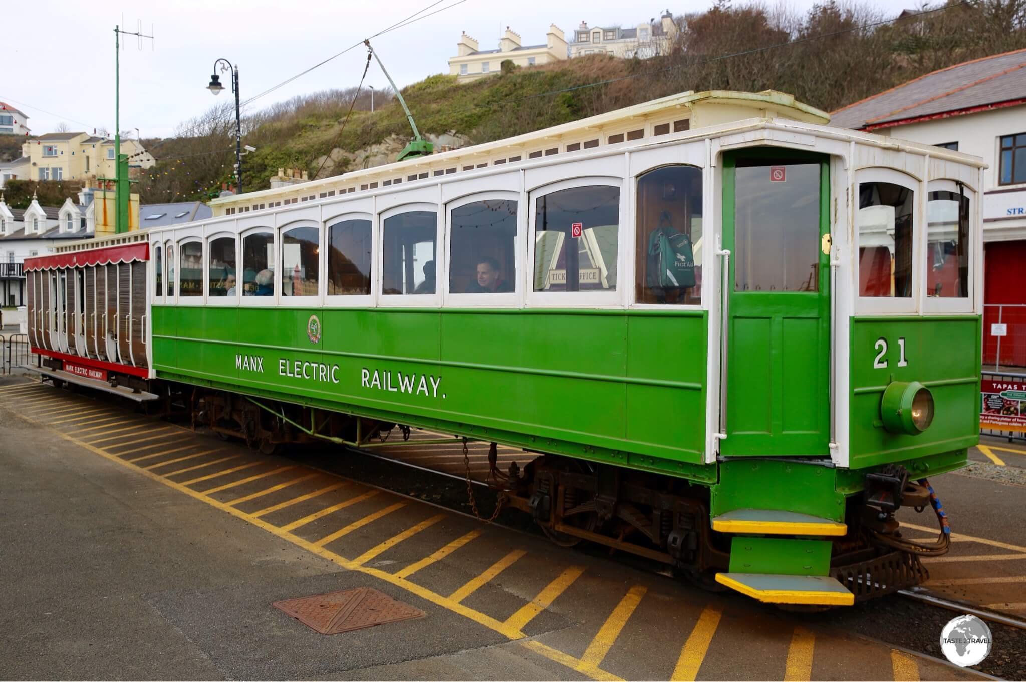 The Manx Electric railway ready to depart from the promenade at Douglas.