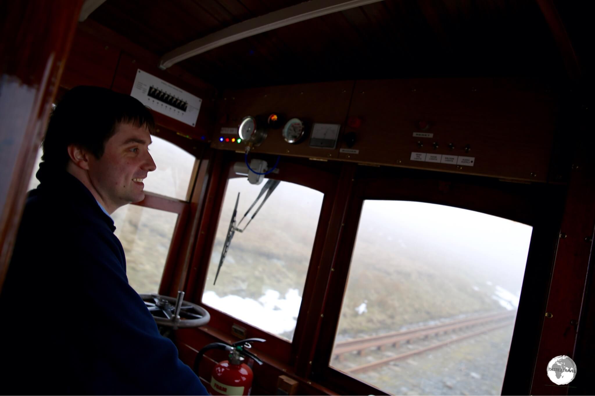 Travelling to the summit of Mt. Snaefell on the Mt. Snaefell railway. 