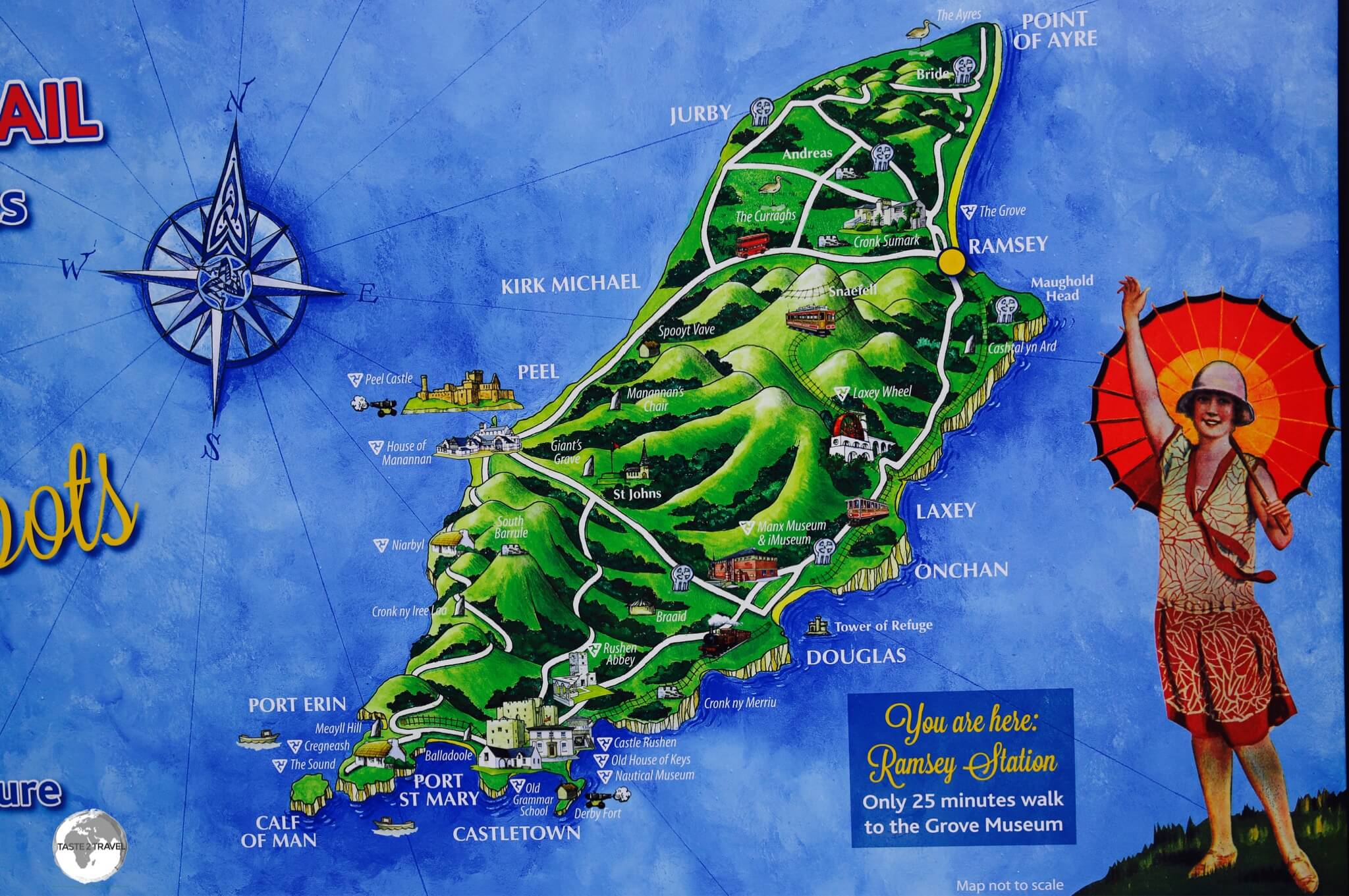 A touring map of the Isle of Man displayed outside Ramsey station. 