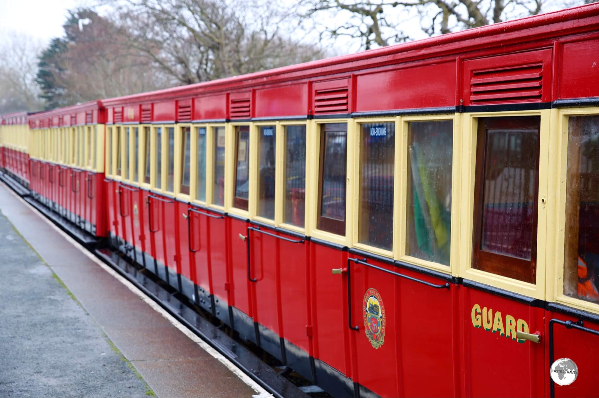 The distinctly red carriages of the Isle of Man Steam Railway Company.