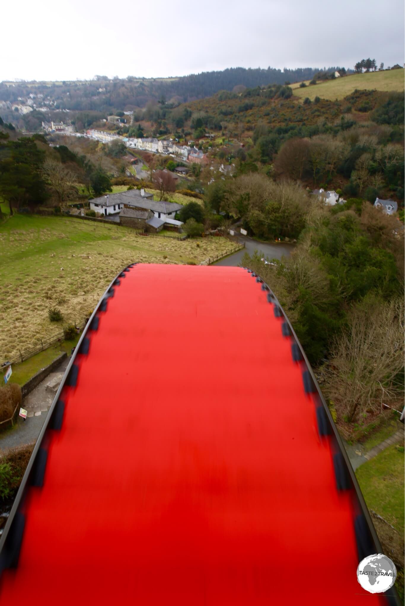 A view of Laxey village from the top of the wheel.