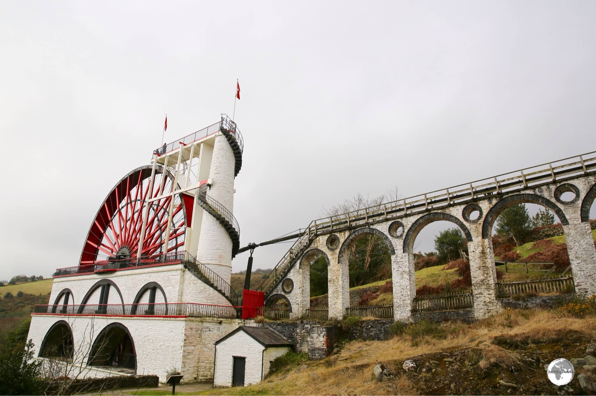 Originally used to pump water from a mine, the Great Laxey wheel is built into the hillside above the village of Laxey in the Isle of Man.