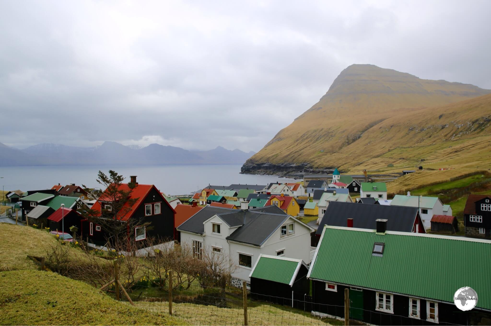 The view of the village of Gjógv from the restaurant at the Hotel Gjáargarður.