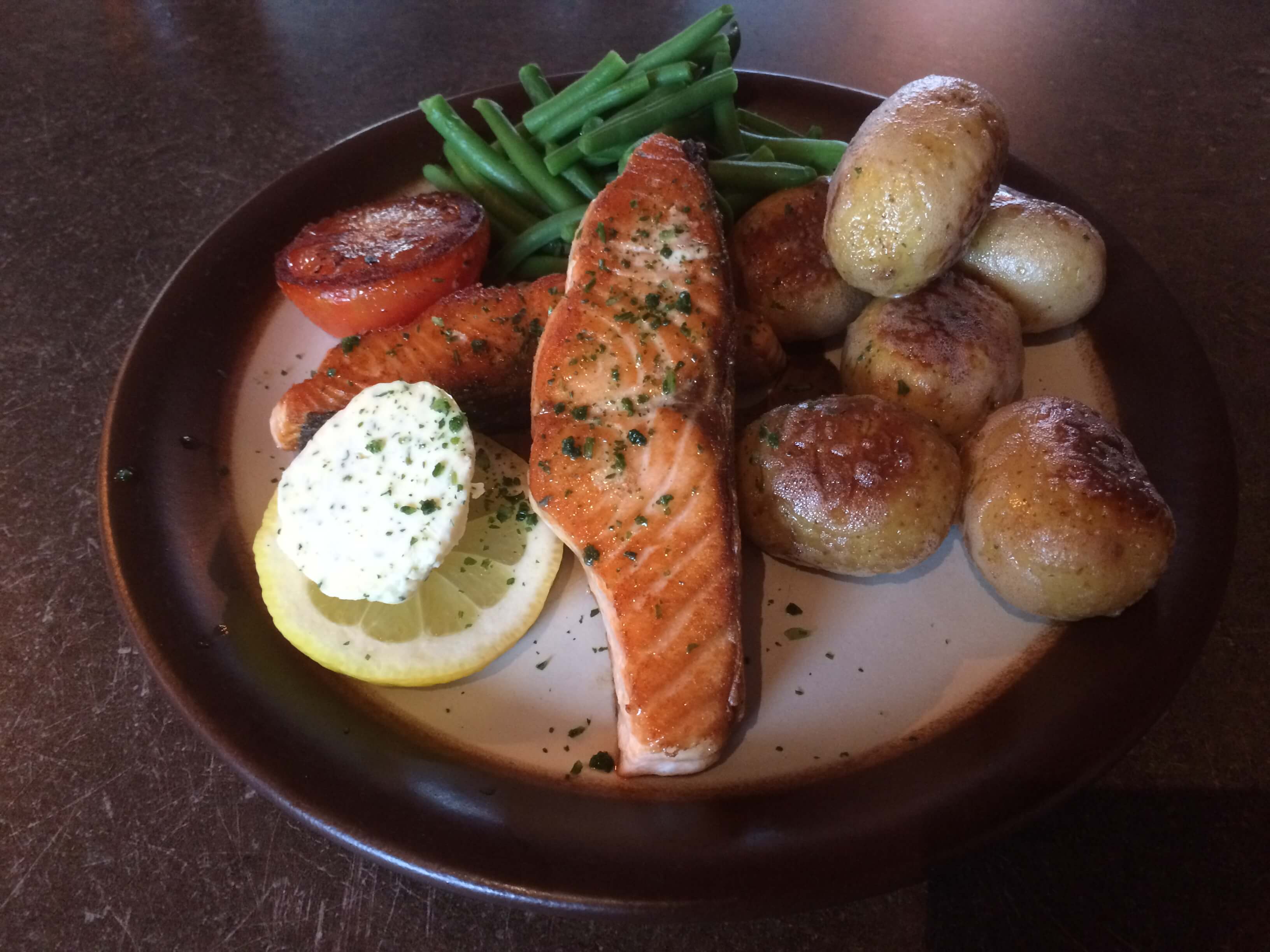 My delicious dinner at Guest House Hugo which featured a grilled fillet of local Salmon. 