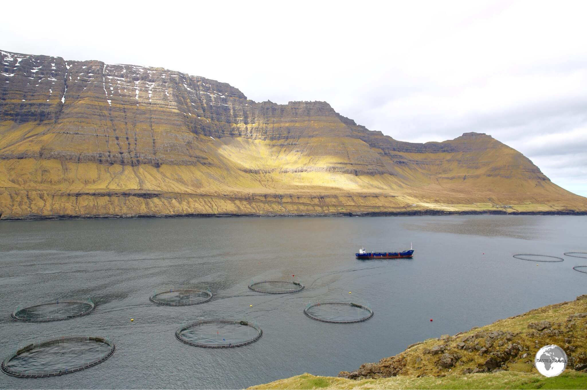 Salmon farming is the main industry on the Faroe Islands with huge farms occupying most of the inter-island channels.