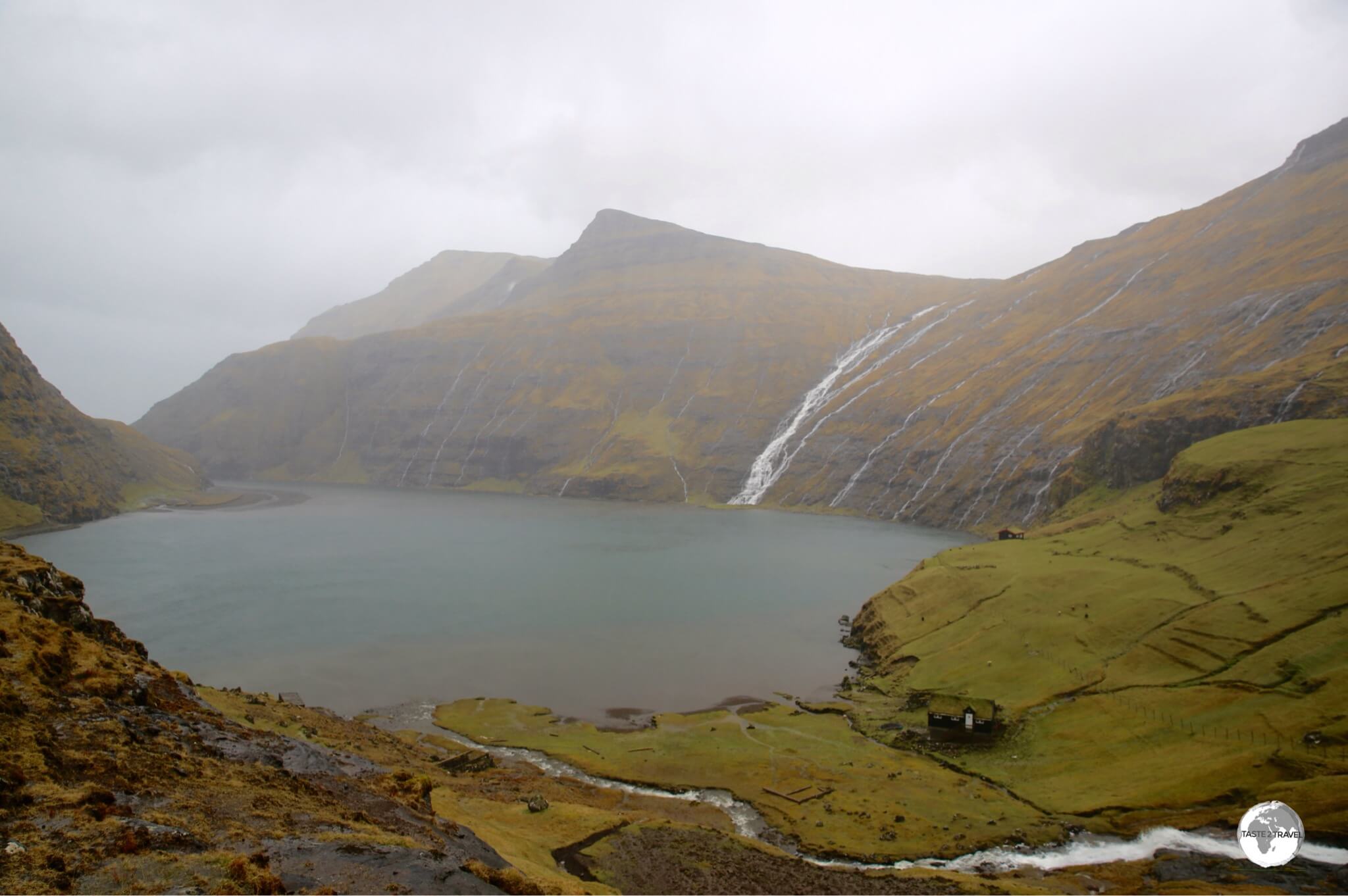 A very wet day in the village of Saksun, with a view of Lake Saksun. 