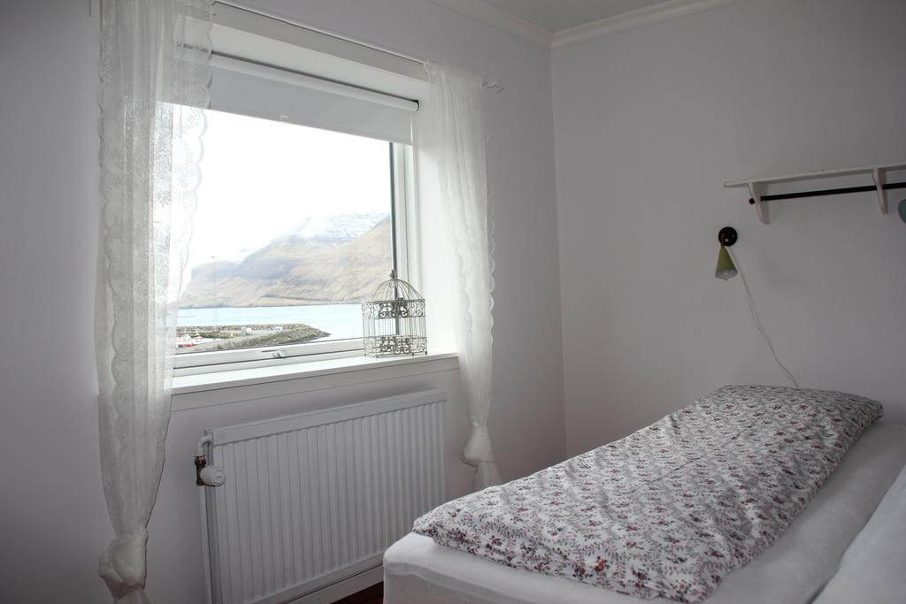 My room at guest house Hugo offered sweeping views of Sørvágur harbour.