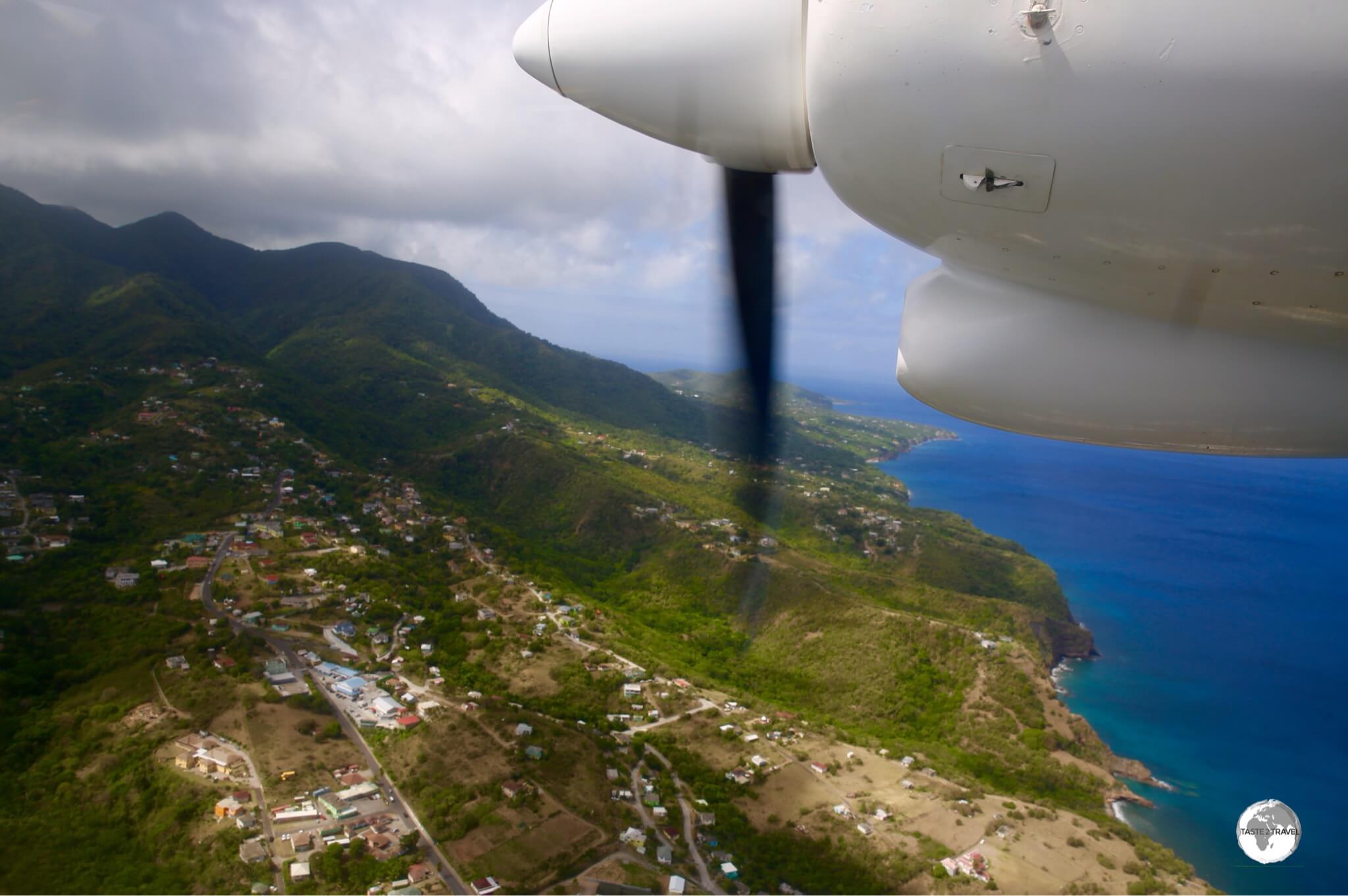 Flying over the north-west coast of Montserrat.