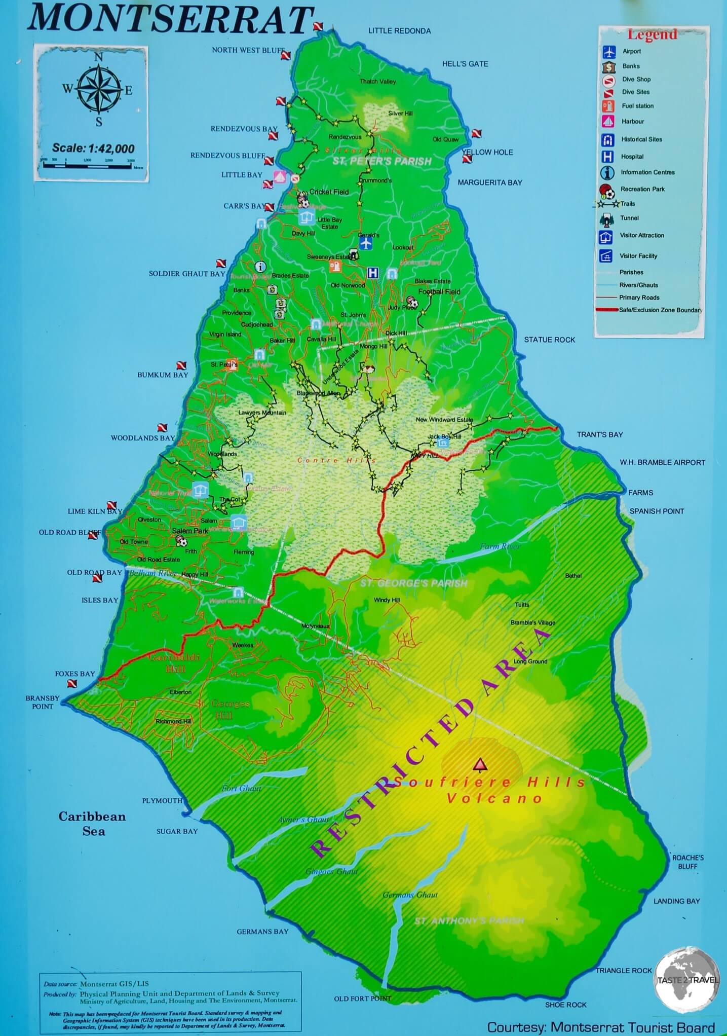 This map of Montserrat outside the airport terminal shows the Exclusion Zone.