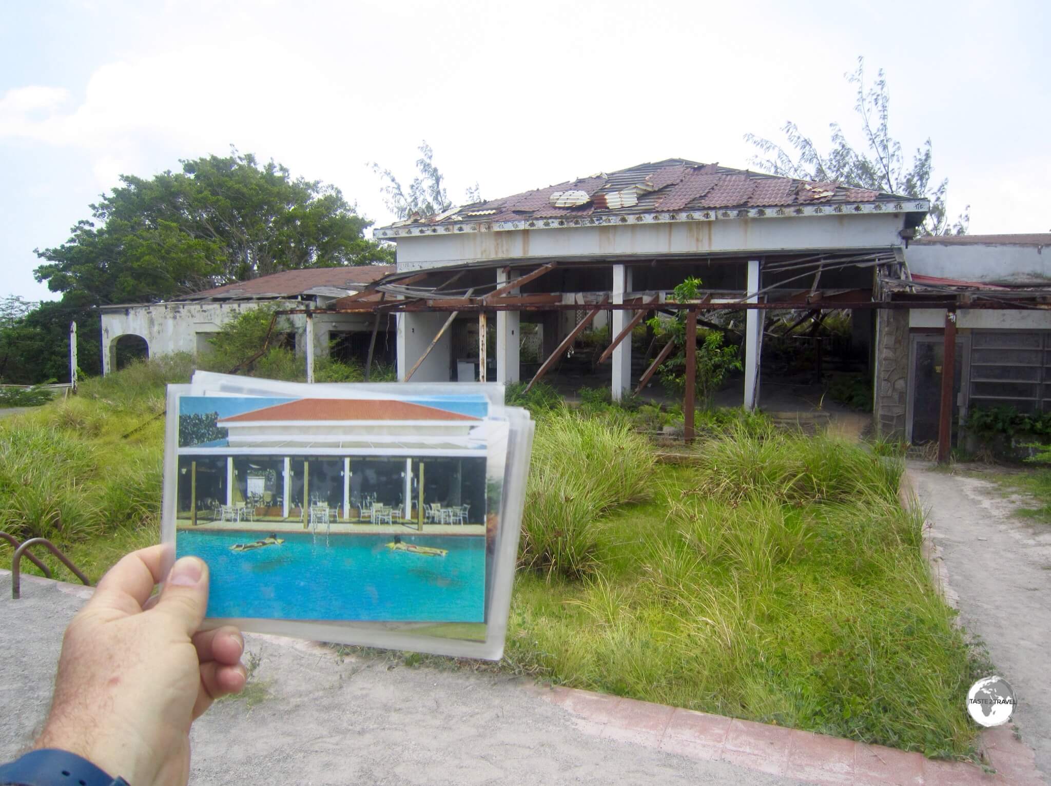 A 'before and after' photo of the pool area at the Montserrat Springs hotel. 