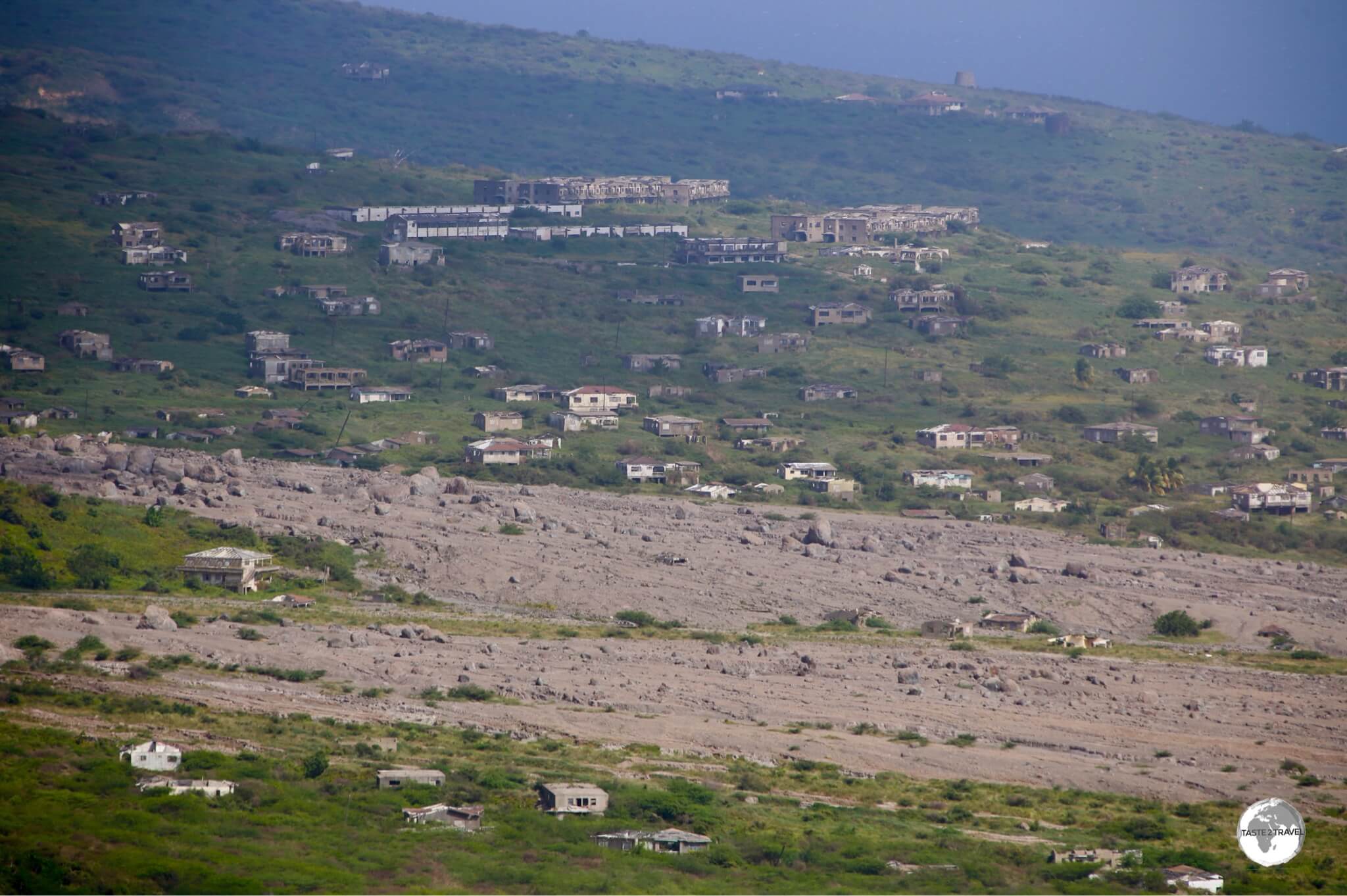 A view of Plymouth from Garibaldi Hill shows the path cut through the capital by the pyroclastic flows and lahars. 