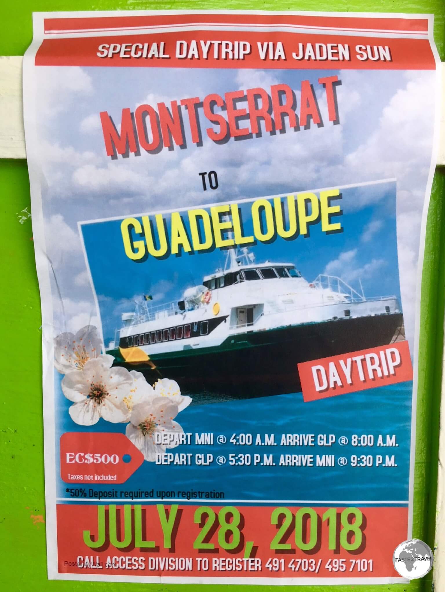 An advertisement announces a day trip to neighbouring Guadeloupe on the Jaden Sun.