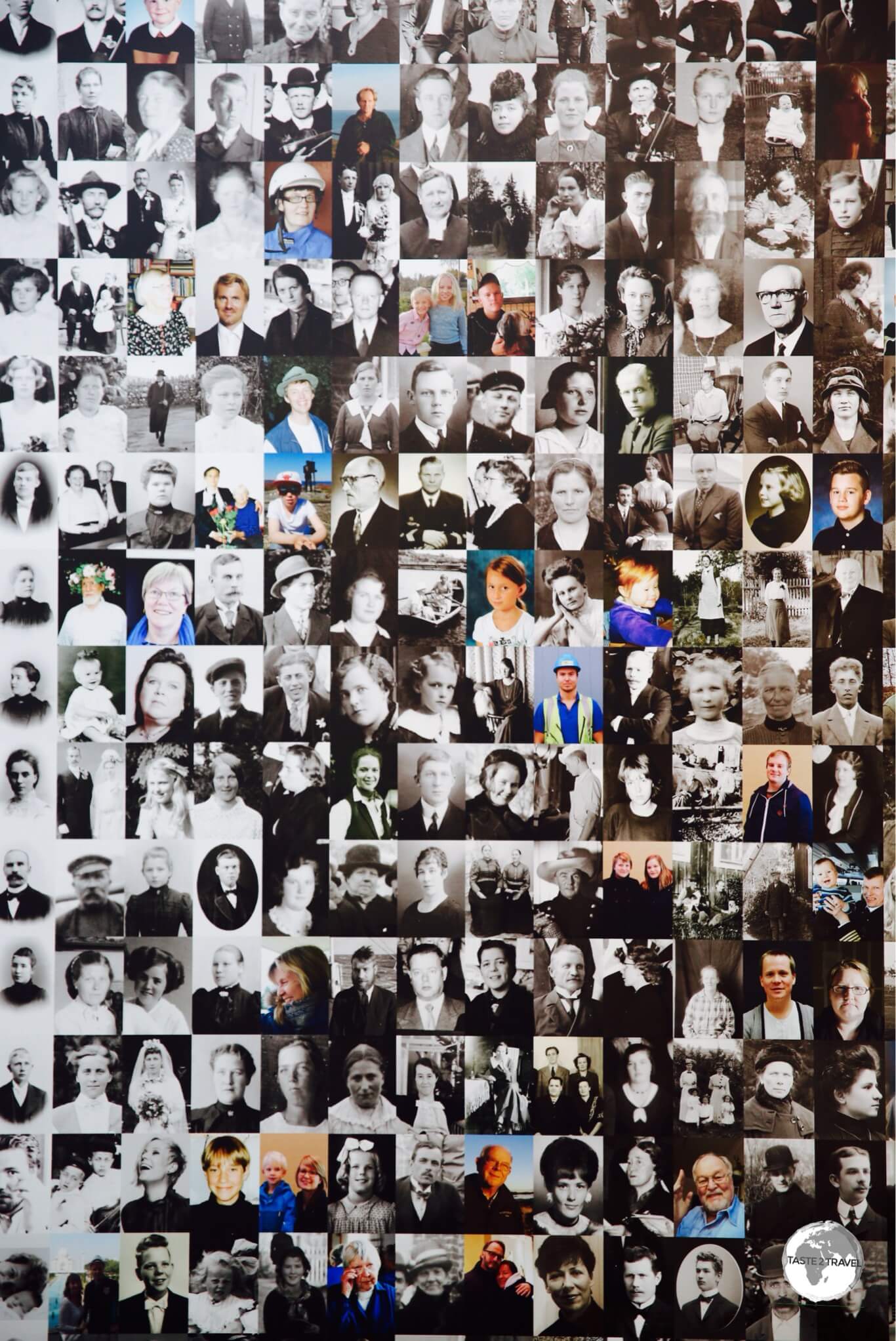 A photographic collage of Ålanders at the Åland art museum in Mariehamn.