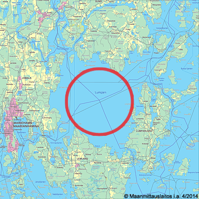 The red circle indicates the body of water known as the Lumparn, a 9 km wide meteor impact crater. Source: somerikko.net