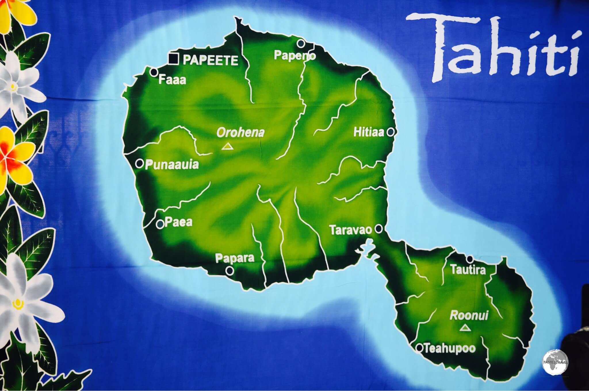 A map showing the larger 'Tahiti Nui' and 'Tahiti Iti' printed onto a sarong. 