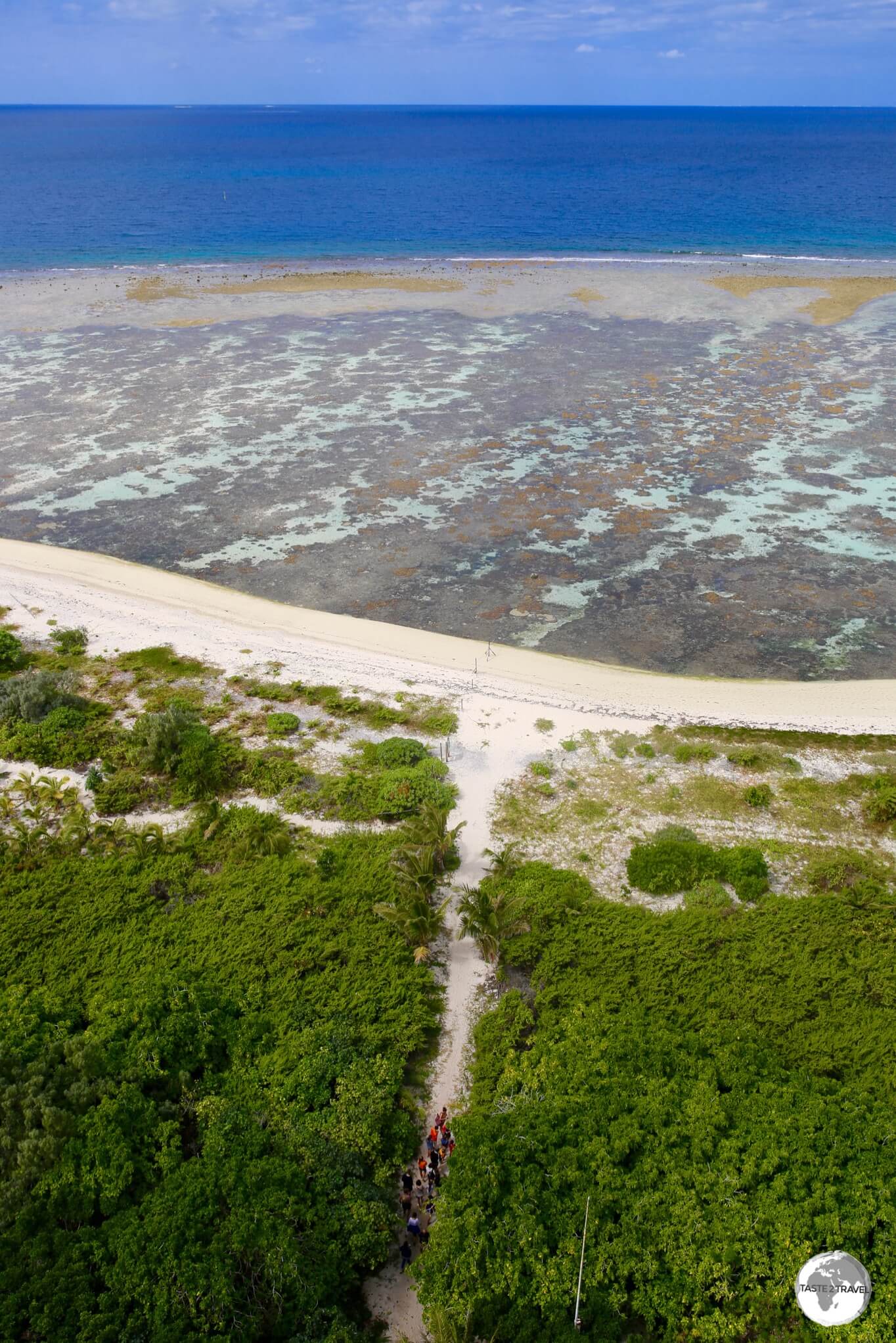 A panoramic view from the top of Amédée Lighthouse shows the reef which surrounds the island. 