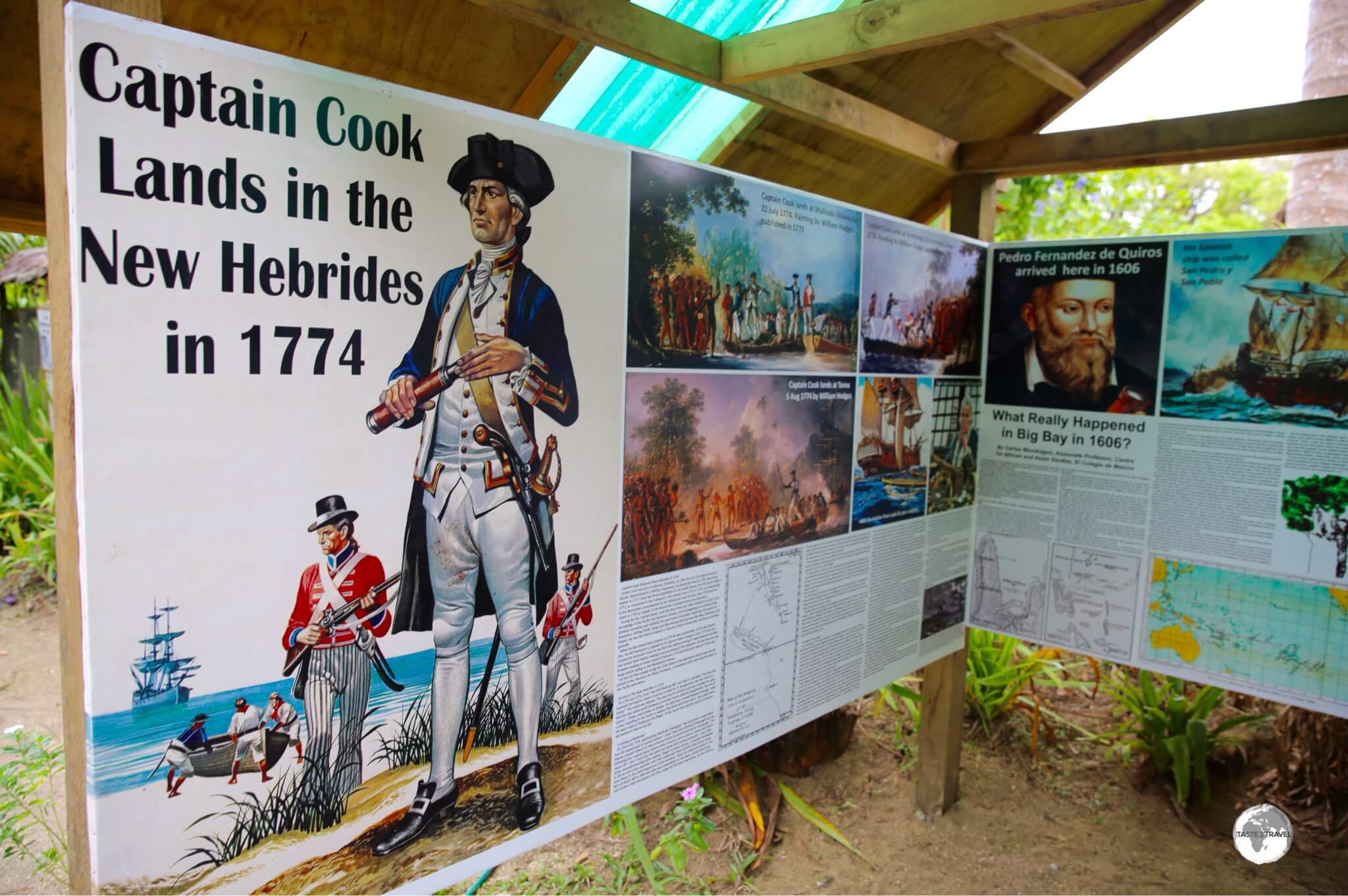 A display at the Secret Garden provides information on first European Contact with Vanuatu. 