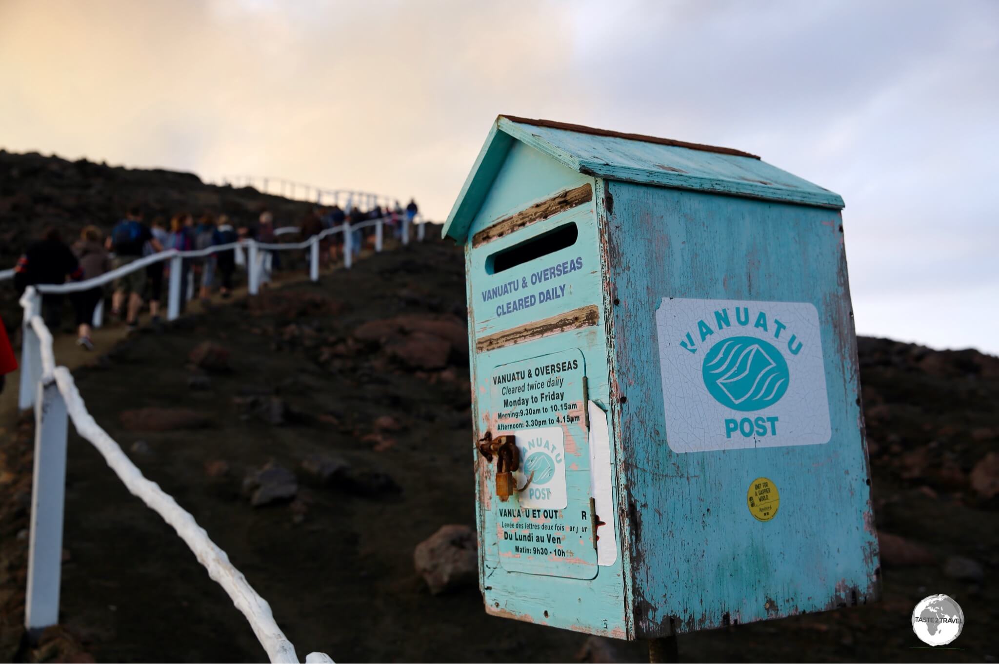 A post box, which is cleared twice daily, on the slopes of Mount Yasur Volcano on Tanna.