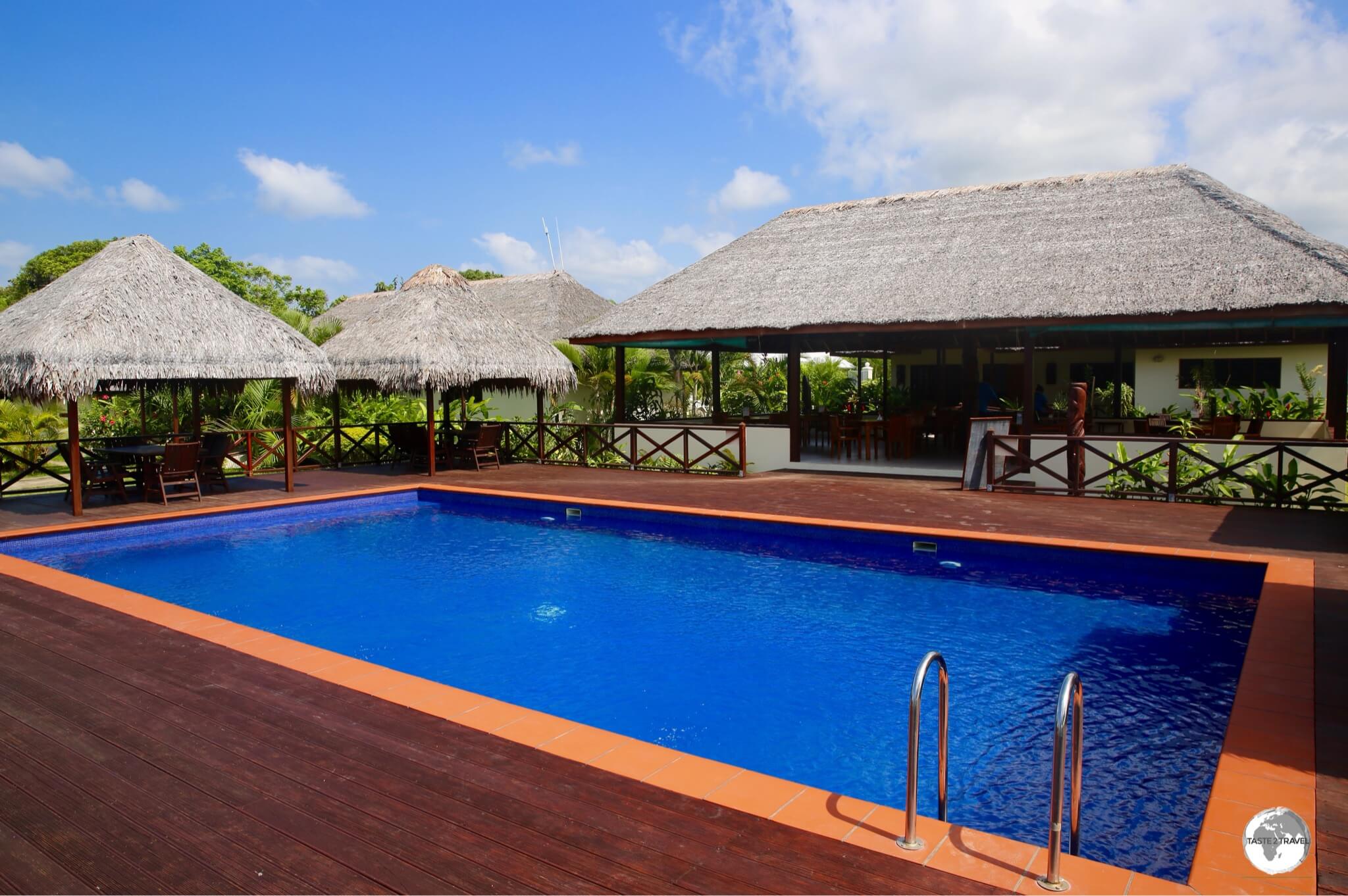 The restaurant and pool area at the Beachfront resort in Luganville.