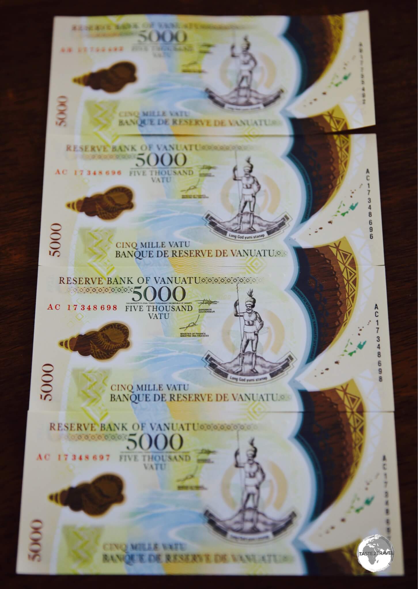 The front of the new 5,000 Vatu polymer banknote.