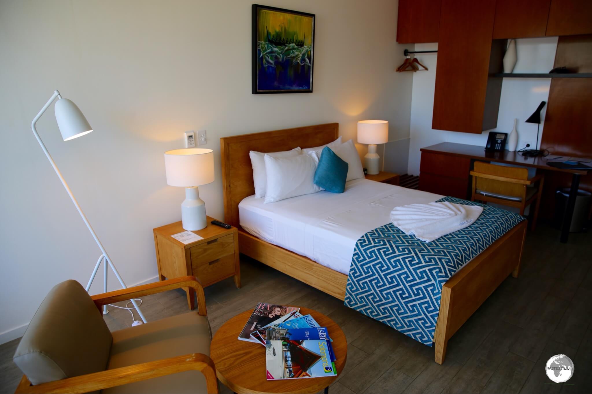 My beautiful room at the Coral Sea Resort, which offers the highest standard of accommodation in the Solomon Islands.