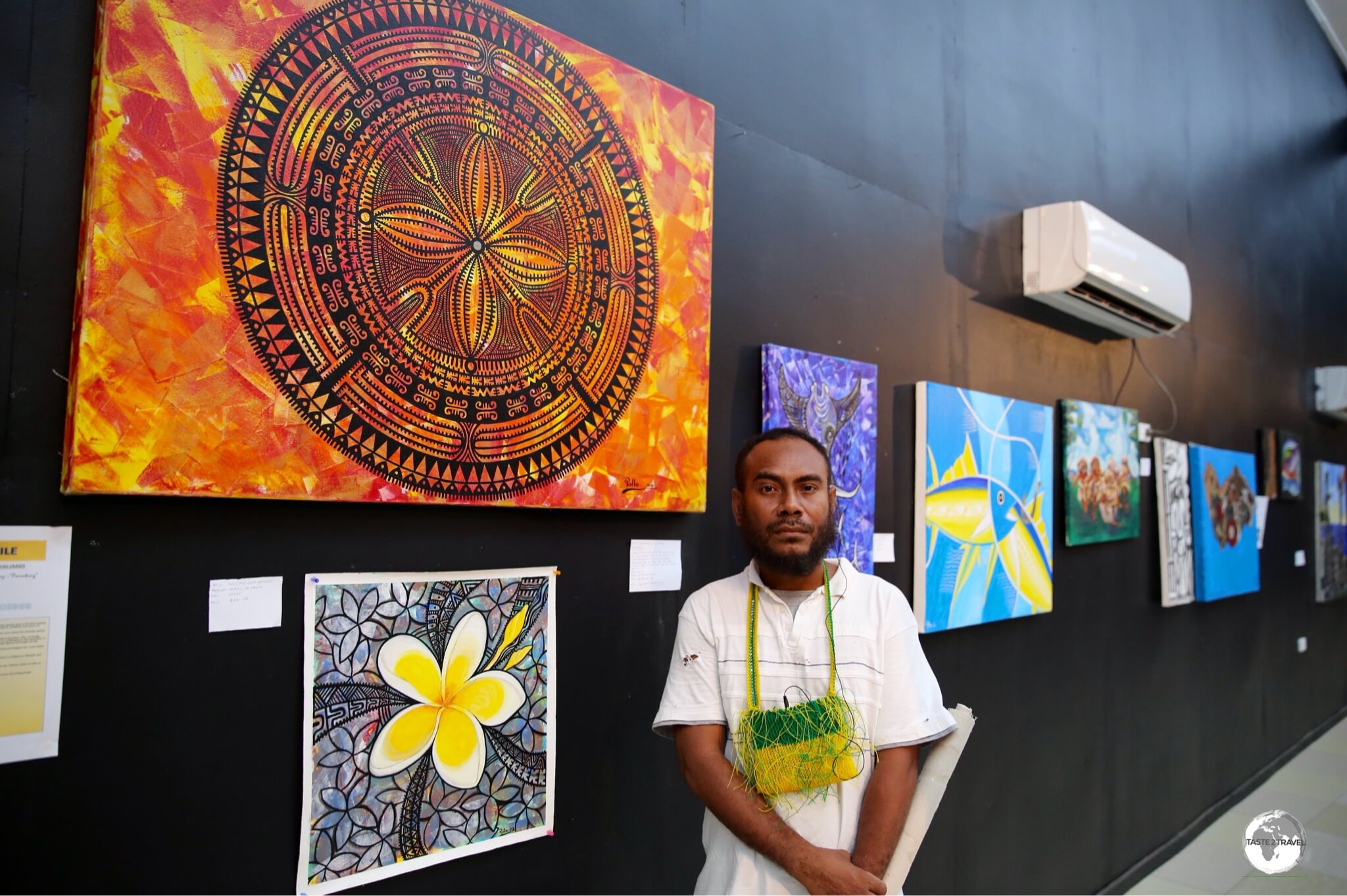 Local artist 'Pollo' explaining his works at the Art Gallery in Honiara. 