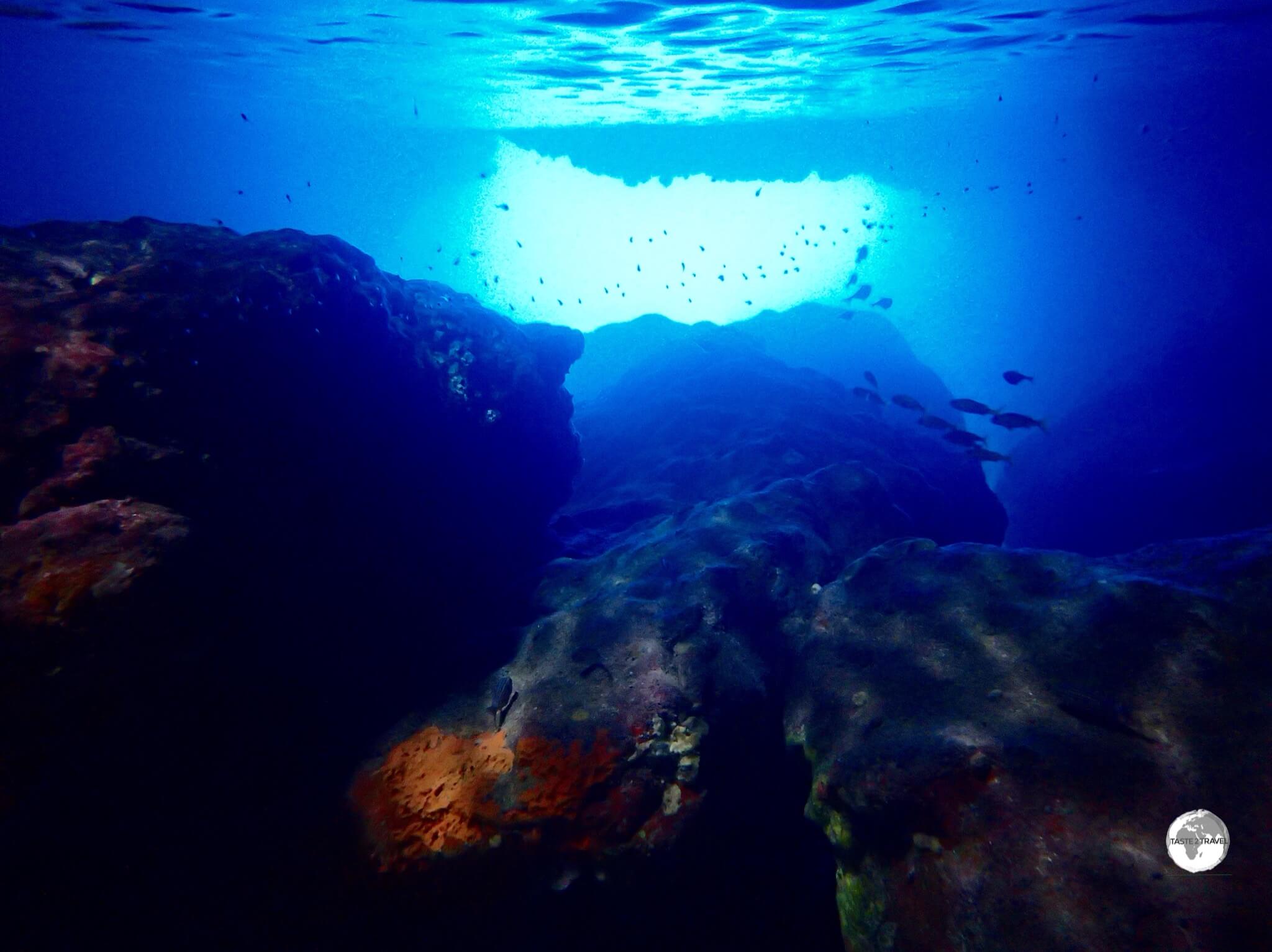 Surreal lighting inside the Blue Cave.