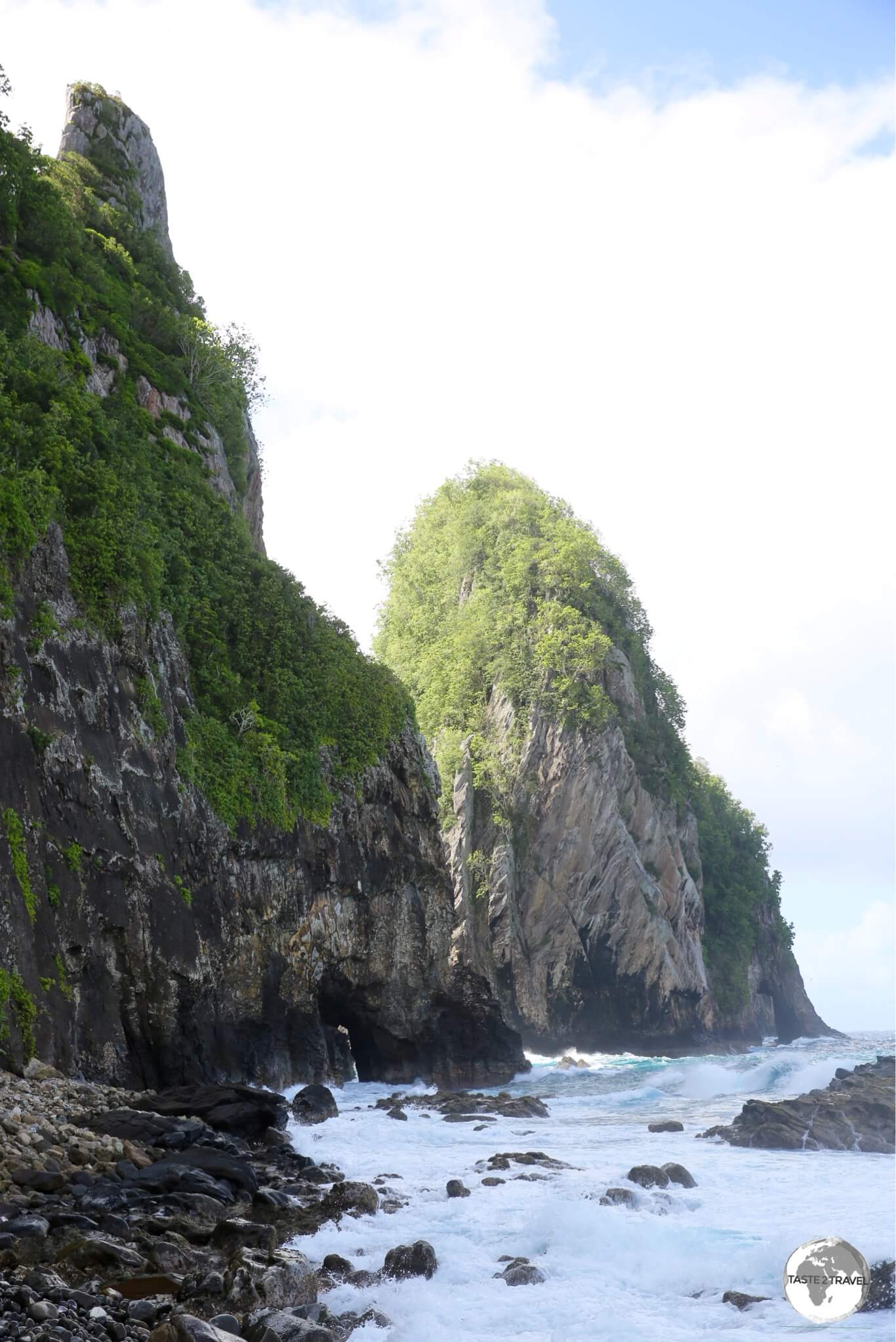 A view of the sheer cliffs of Pola Island from the village of Vatia.