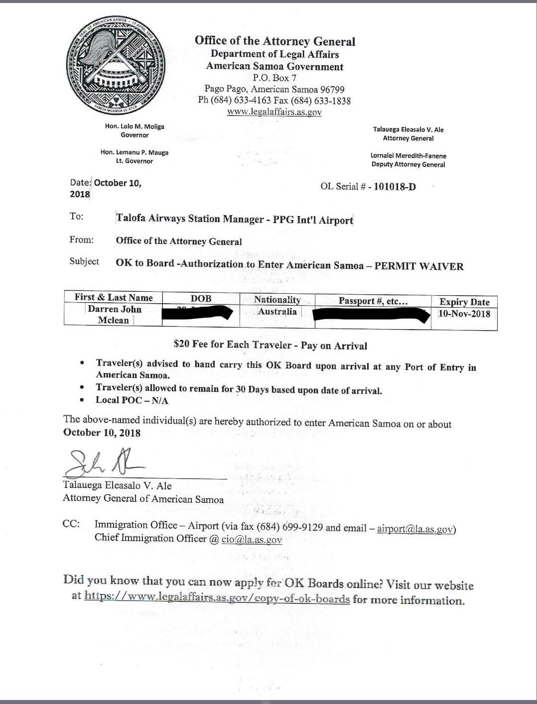 Travel Authorisation for American Samoa.