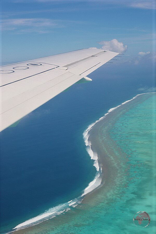 Flying over Aitutaki lagoon in the Cook Islands.