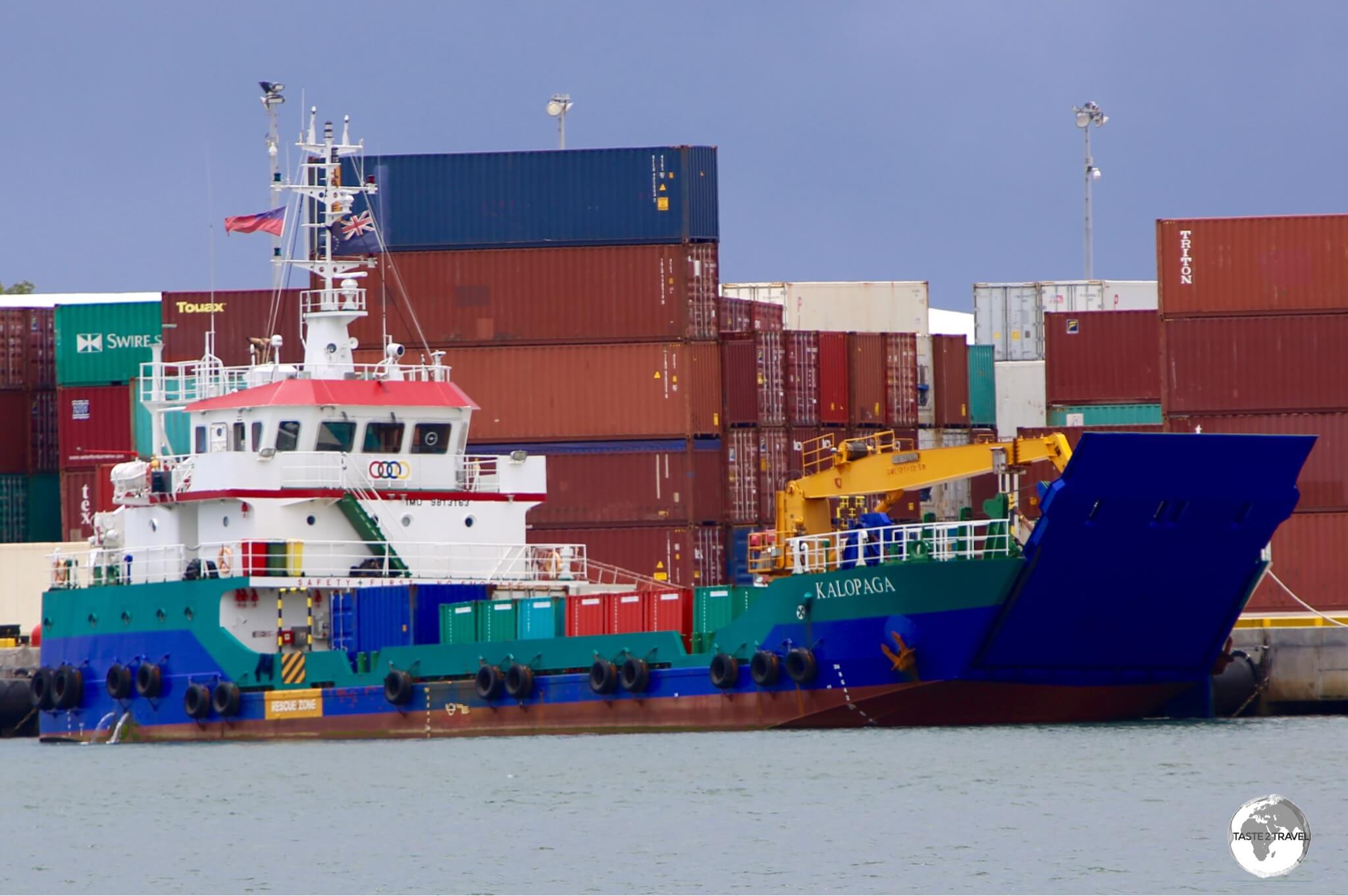 Tokelau's "MV Kalopaga" cargo ship, seen here docked at Apia harbour.