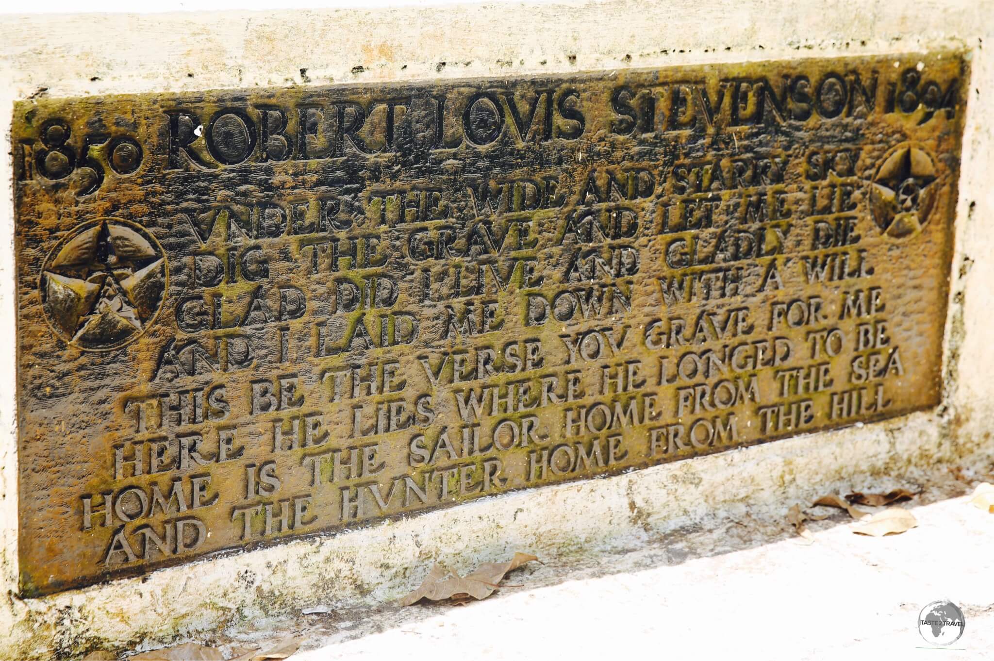 The plaque on the tomb of Robert Louis Stevenson on Mount Vaea.