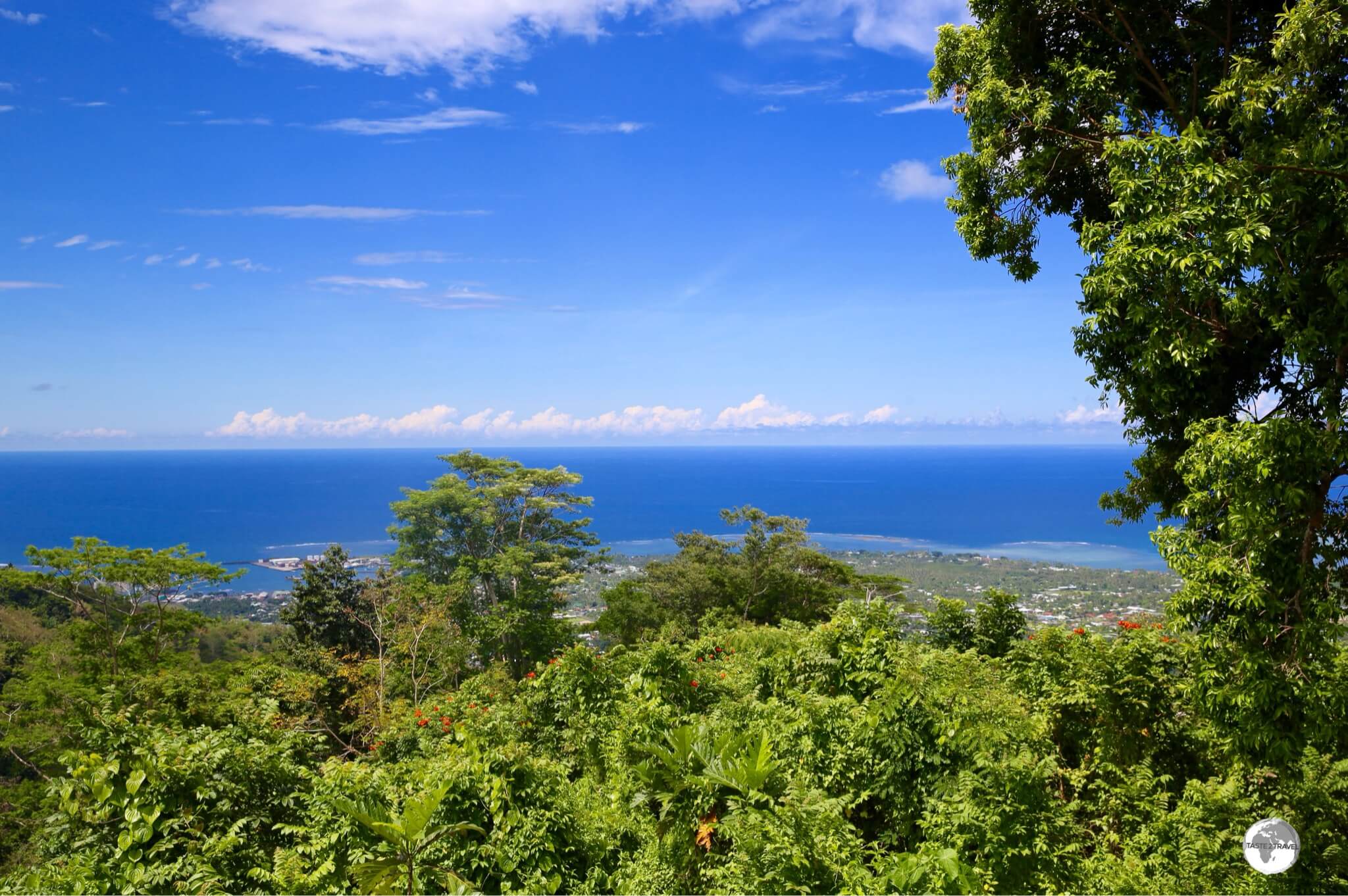 The panoramic view over Apia and the Pacific Ocean from Mount Vaea.