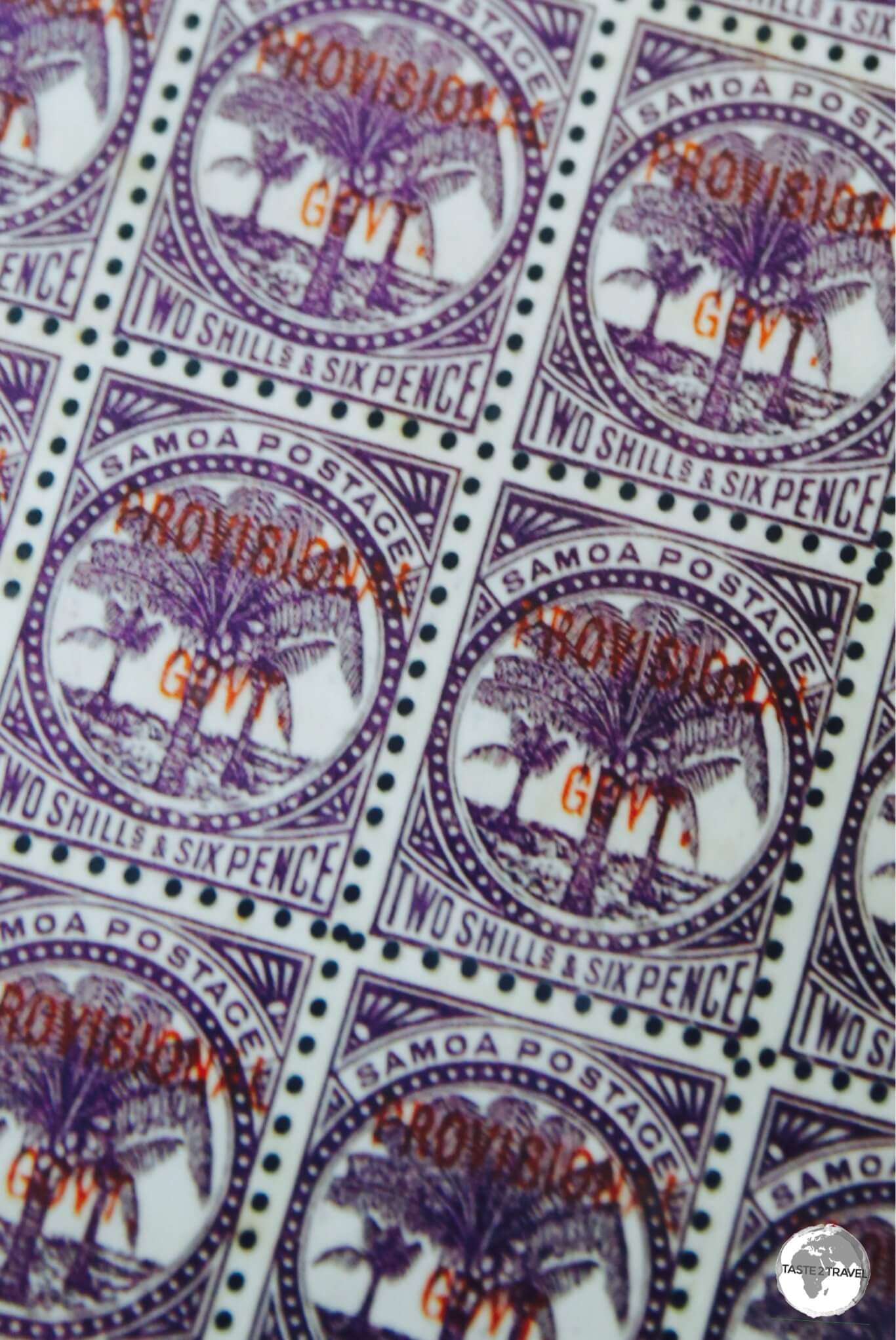 Some of the first stamps issued in Samoa on display at the Samoa museum.