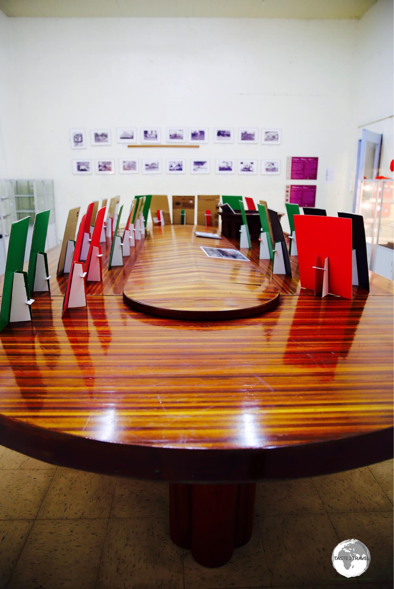 The 'Cabinet Meeting Table' has played a long role in Samoan politics and features seventeen different species of native Samoan wood. 