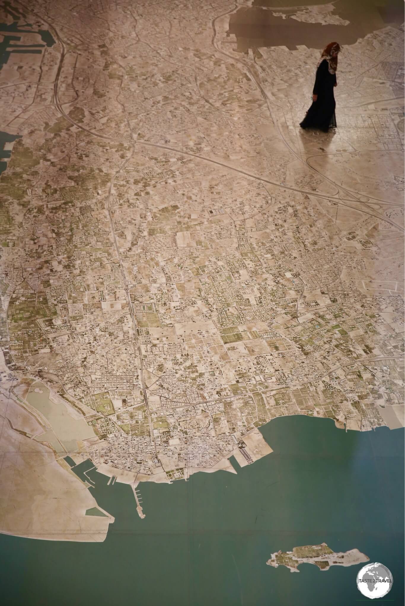 Covering 1200 square metres, this huge satellite photo of Bahrain covers the entire lobby floor of the Bahrain National Museum.