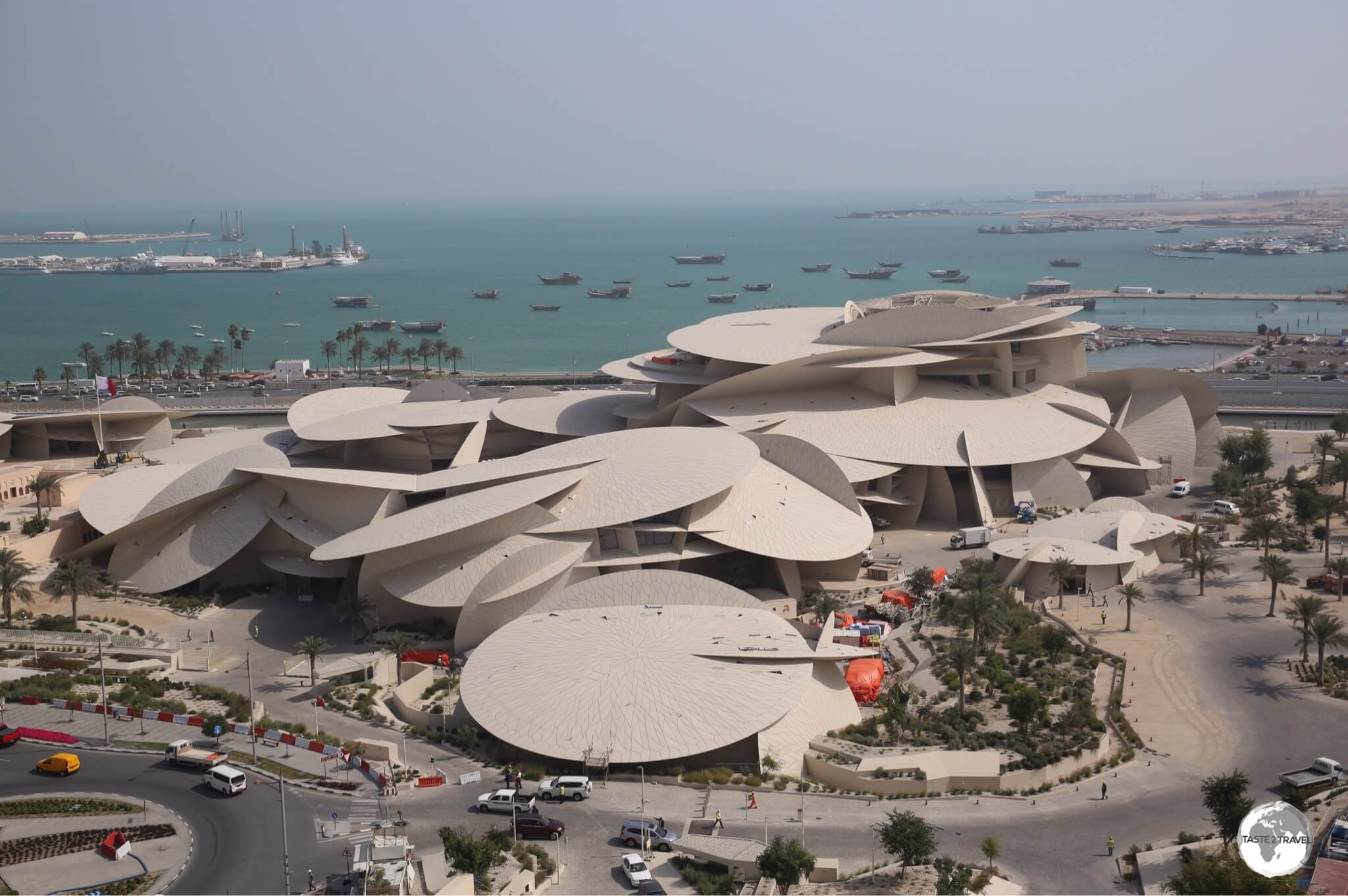 A view of the almost-completed National Museum of Qatar from my hotel room. The museum was designed by Jean Novel who was inspired by a desert rose.