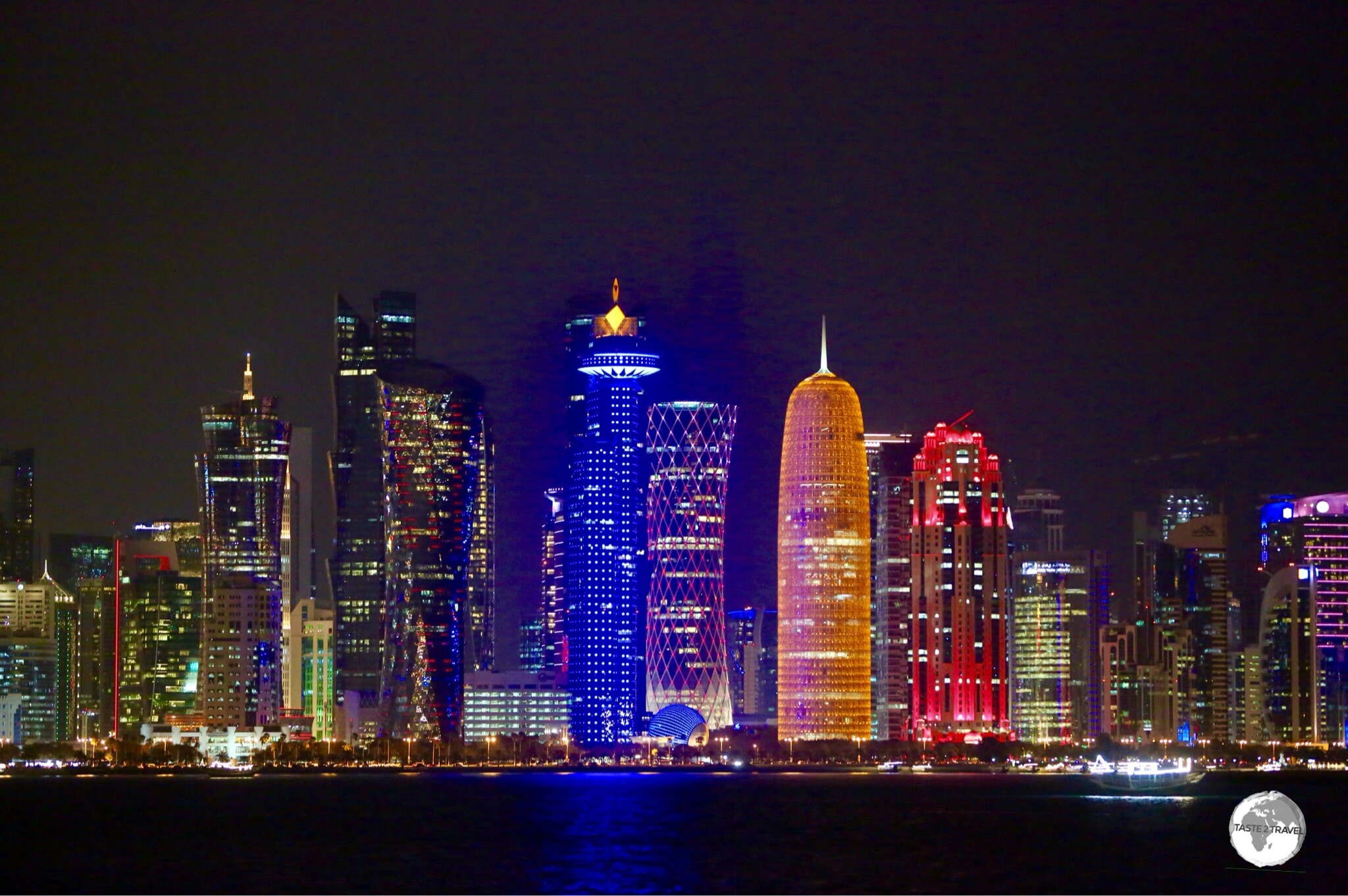 The Doha City Centre skyline at night.