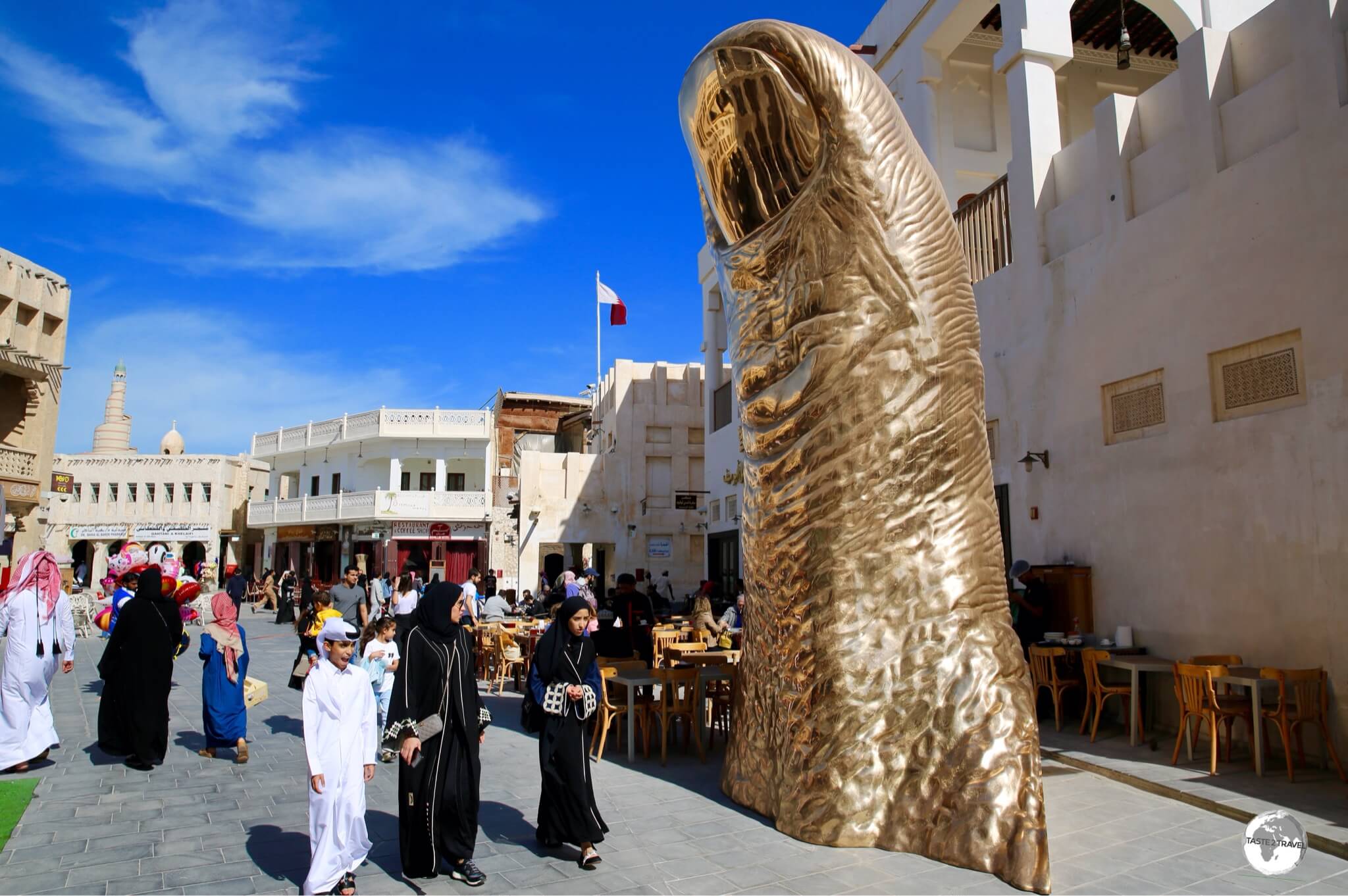 Installed in Souk Waqif, 'Le Pouce', by French artist César Baldaccini, is a giant bronze sculpture in the shape of a giant thumb.