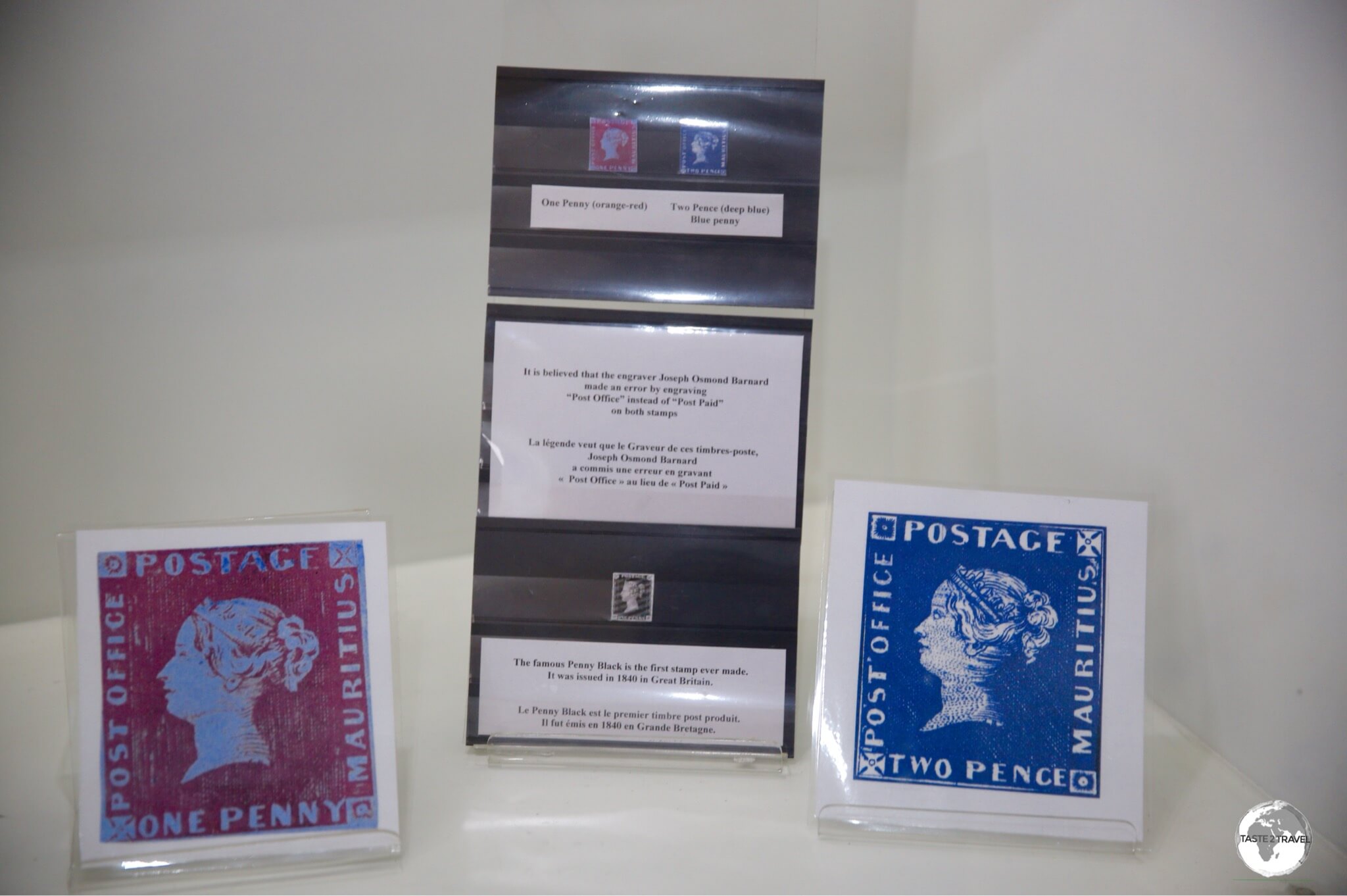 These photocopies of the highly valuable Mauritius "Post Office" stamps are on display at the nearby Postal museum. 