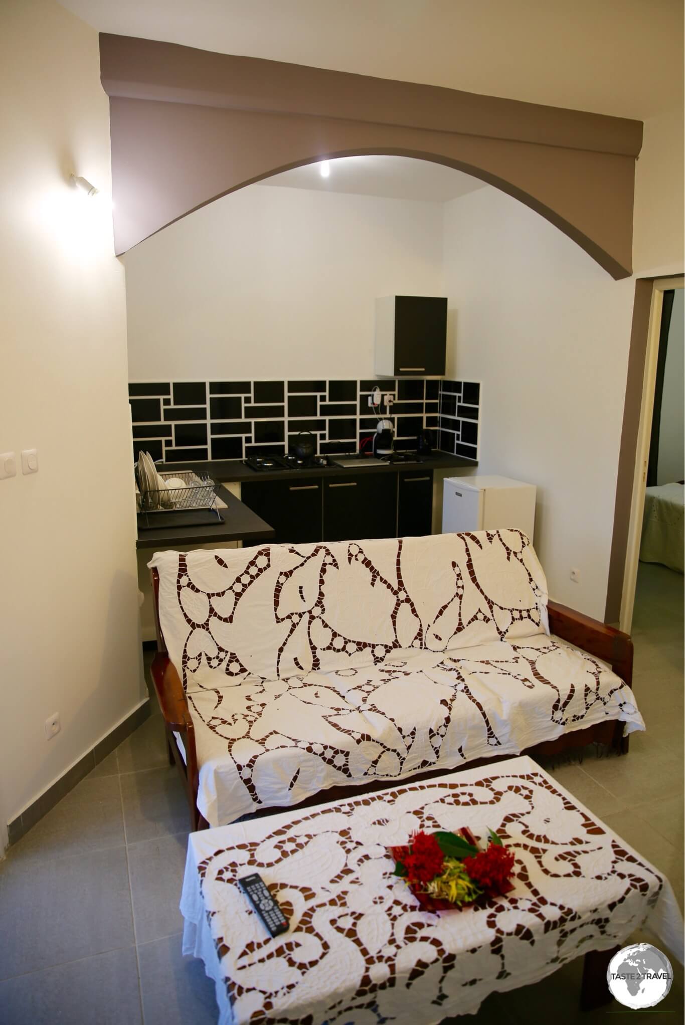 The living room of my Airbnb apartment at Maison Fleurie in Sada.