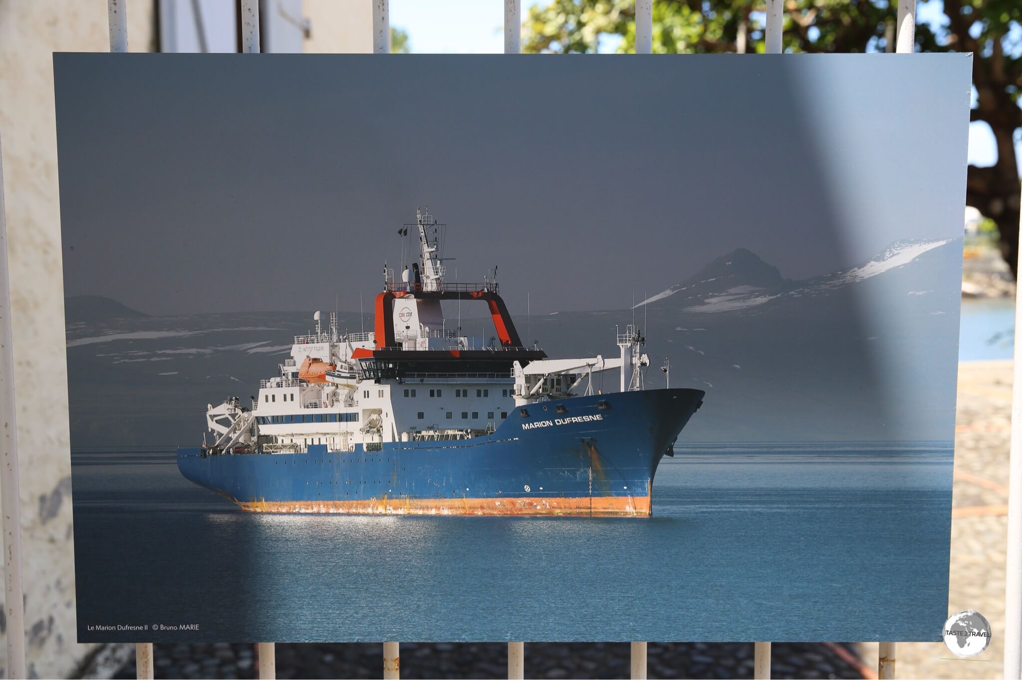 A photo of the <i>Marion Dufresne</i> supply ship at the TAAF information centre in St. Pierre.