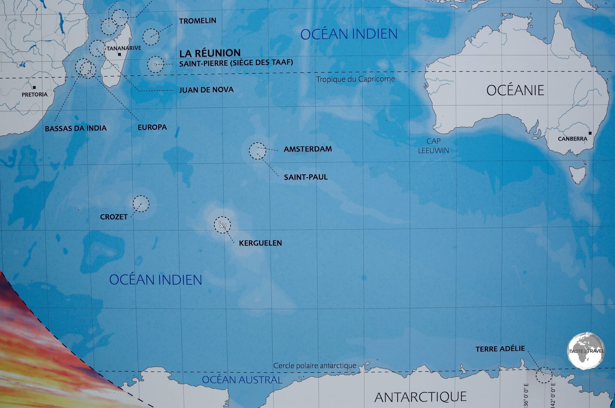 A map at the TAAF Information centre in St. Pierre shows the location of the French Antarctic Territories.