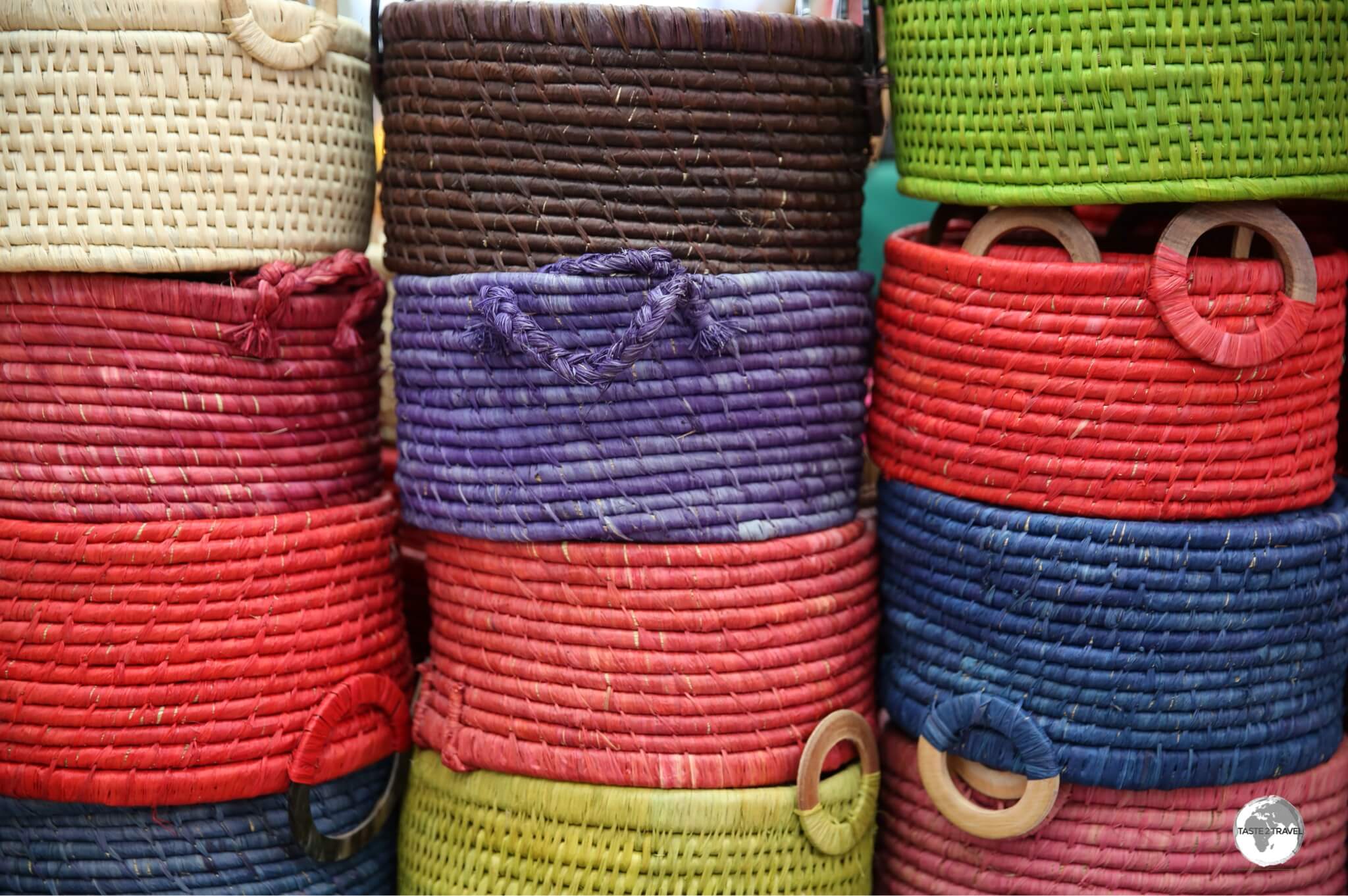 Colourful, handwoven baskets are just some of the items to be found at the <i>Grand Marché</i> in Saint Denis.