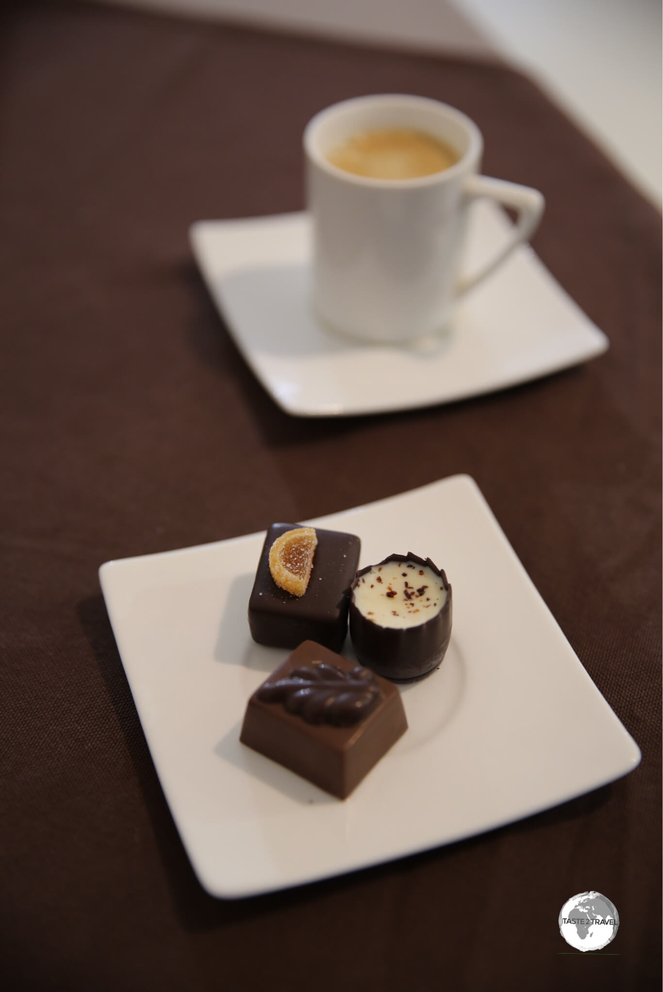 Coffee and chocolates, made from locally grown cacao, served at a cafe in Saint Denis.