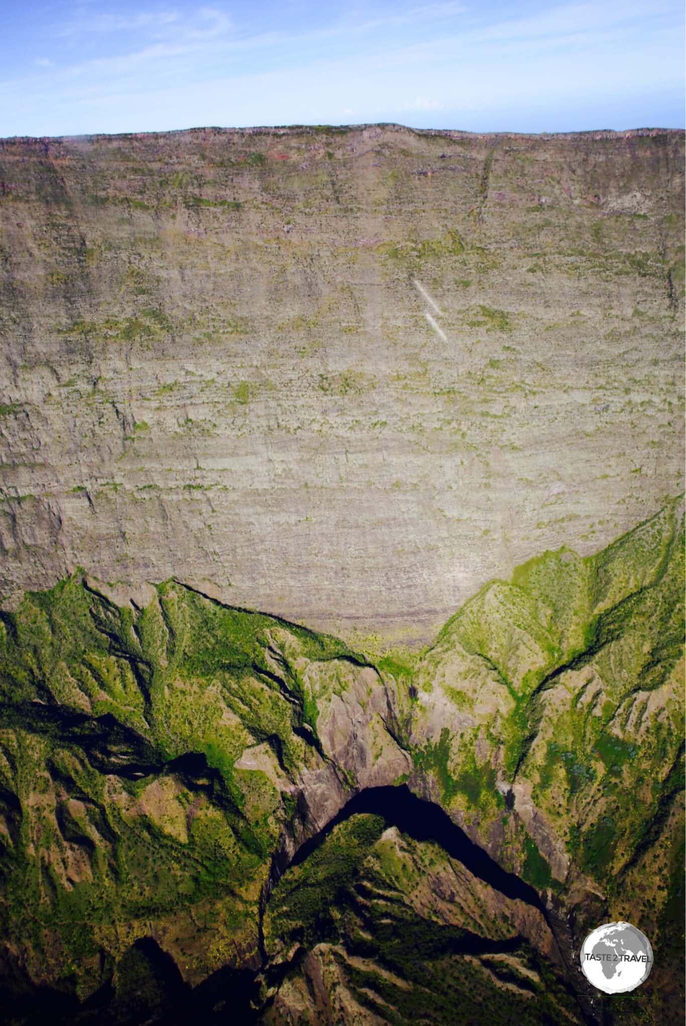 My helicopter flight provided a view of the incredibly deep walls which line <i>Cirque de Mafate</i>.