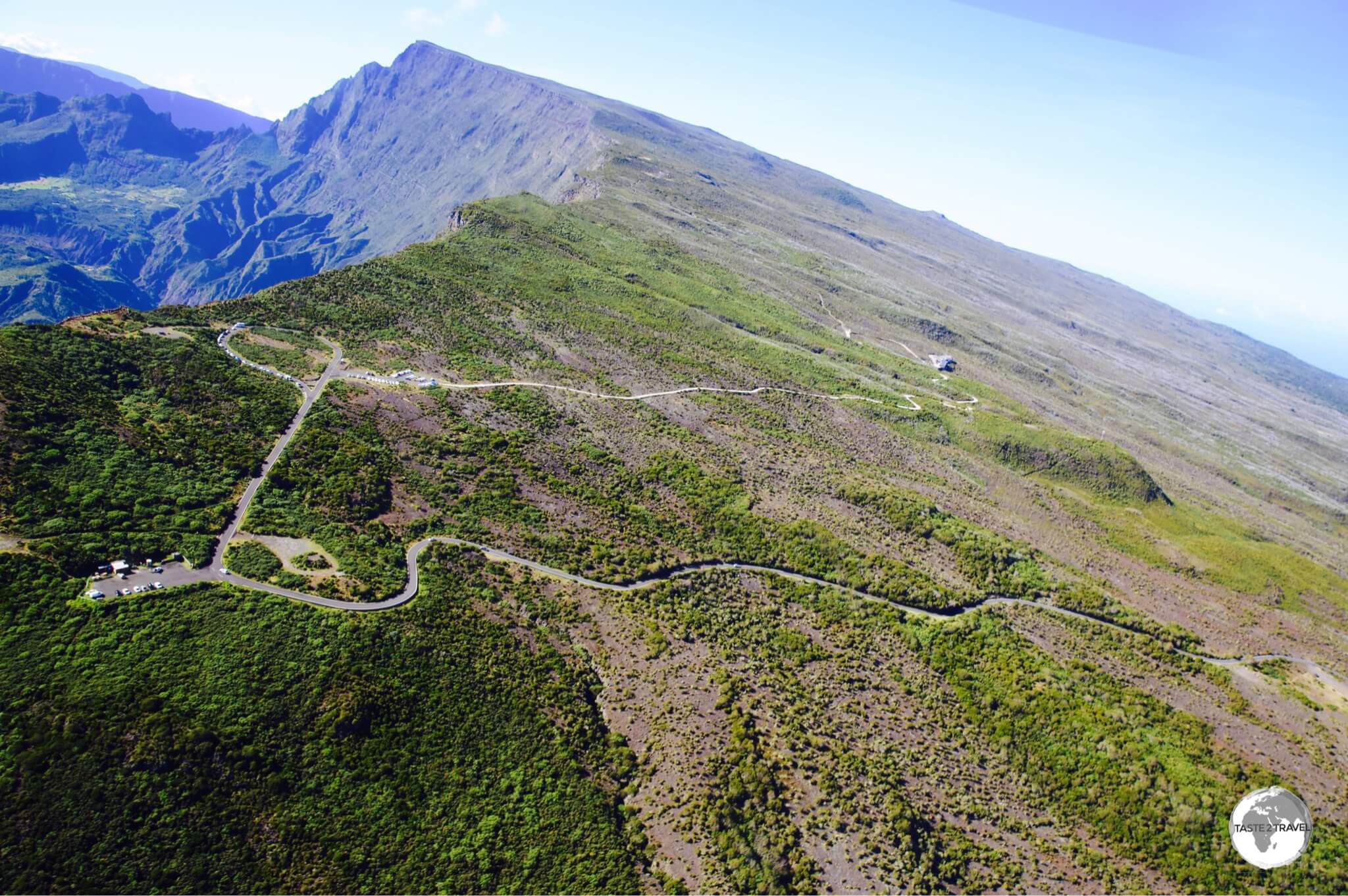 A view of <i>Le Maïdo</i>, and the sheer drop into the <i>Cirque de Mafate</i>, from my Corail helicopter flight.