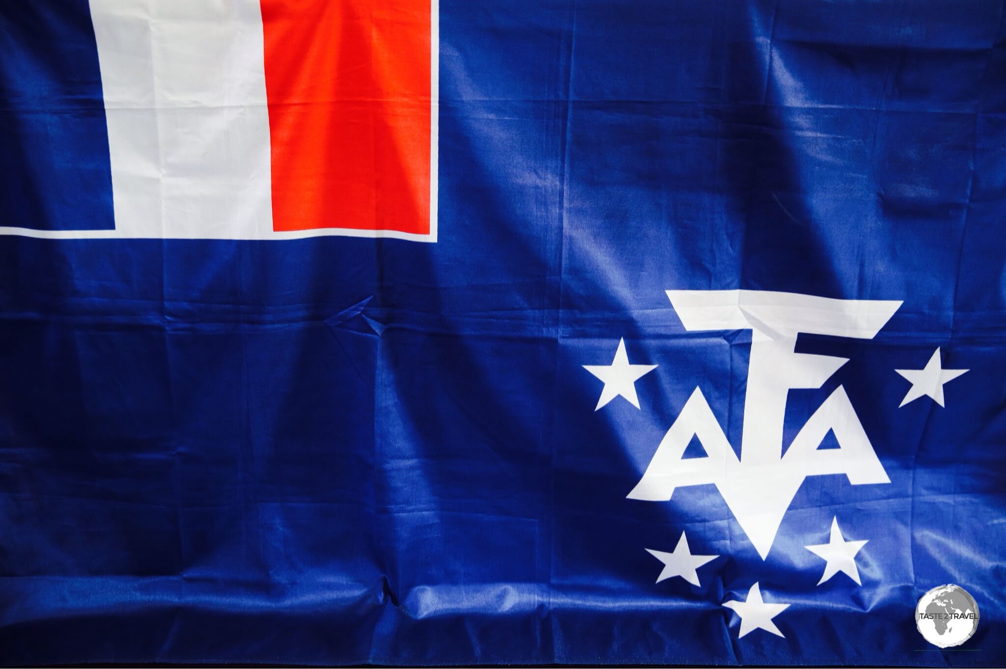 The flag of the <i>Terres Australes et Antarctiques Françaises (TAAF)</i> at the TAAF Information centre in St. Pierre.