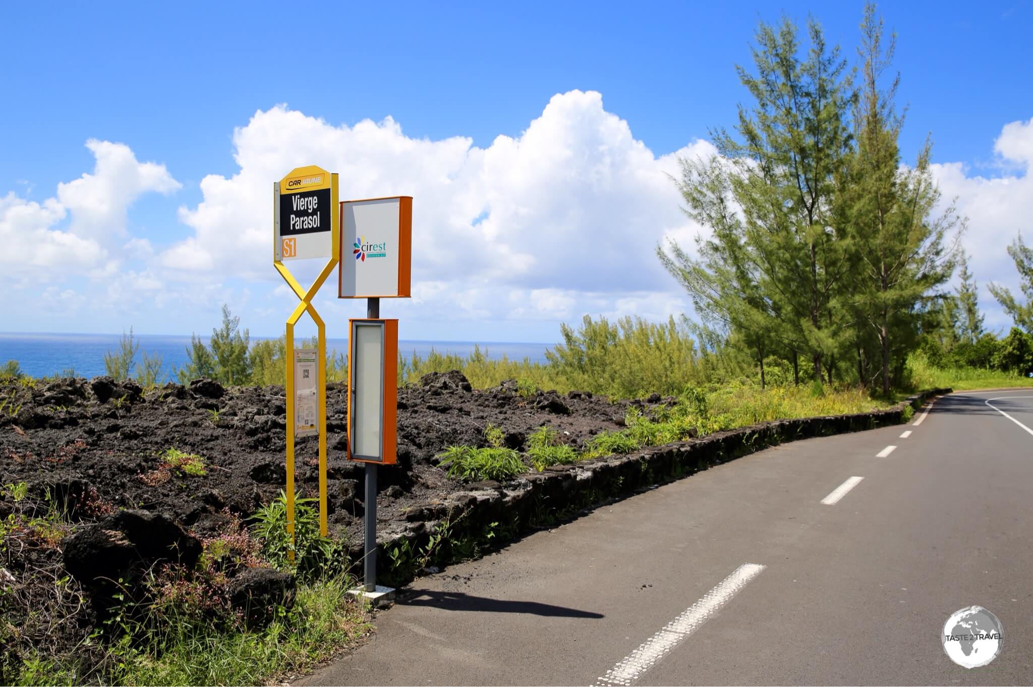 The bus stop at <i>Vierge Parasol</i>, which is located in the middle of an isolated, south coast lava field.