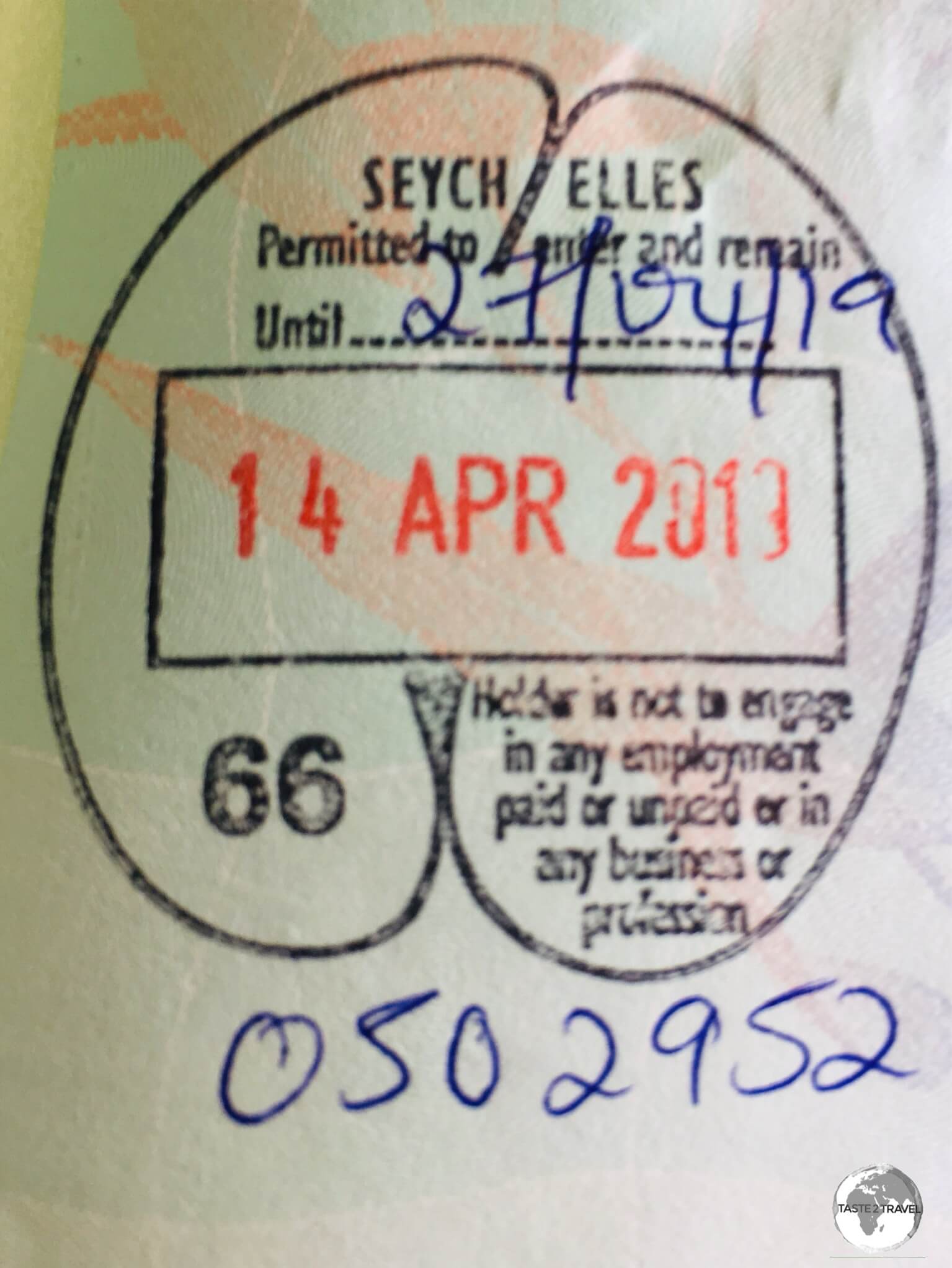 The Seychelles passport stamp features a 'Coco de Mer' design.